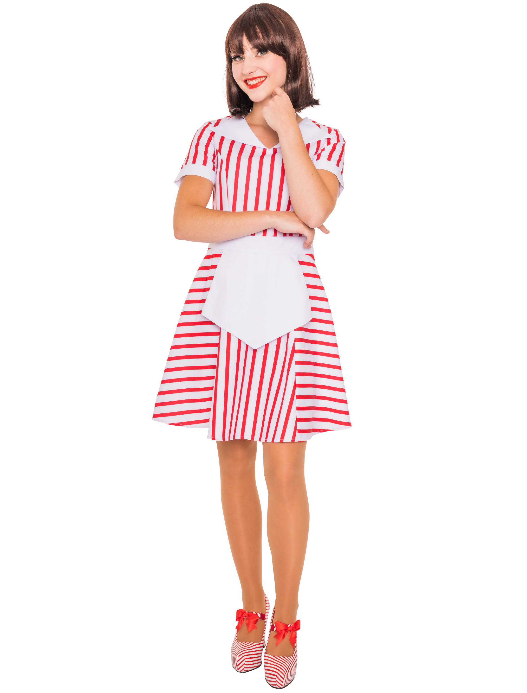 Kleid gestreift mit Kragen und Schürze rot/weiß L