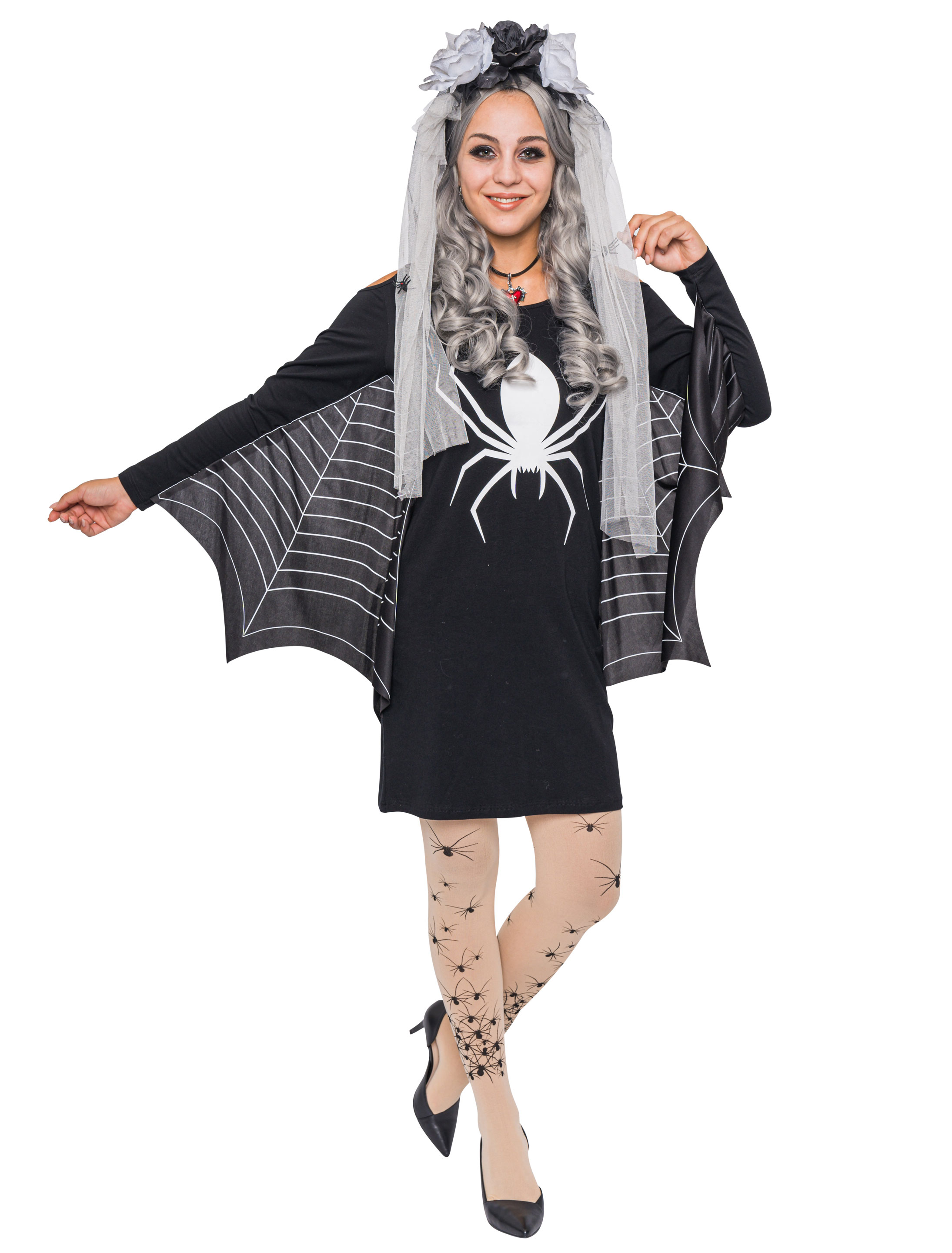 Kleid mit Spinne und Netz schwarz/weiß M