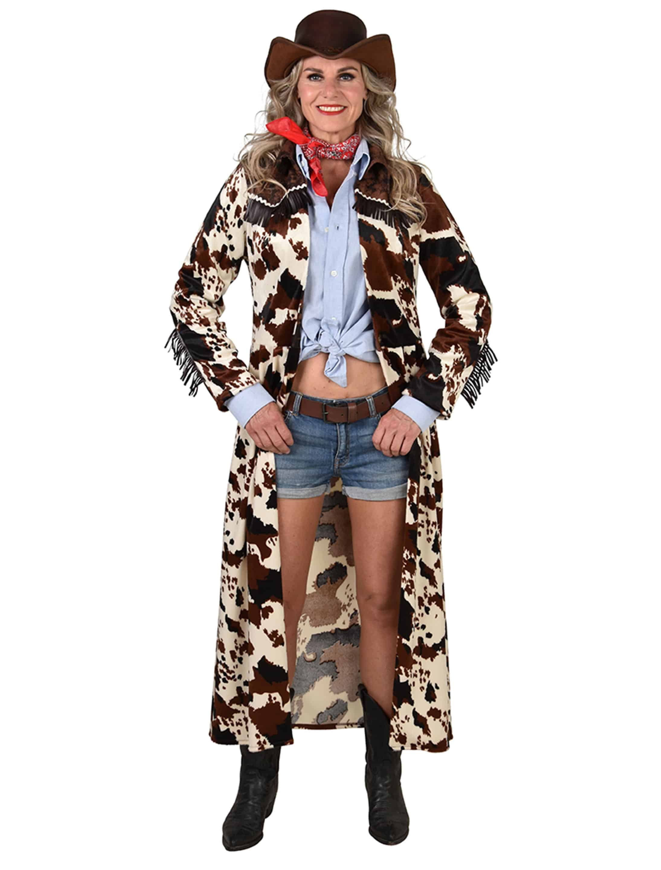 Mantel Cowboy Kuhmuster lang Damen beige/braun S/M