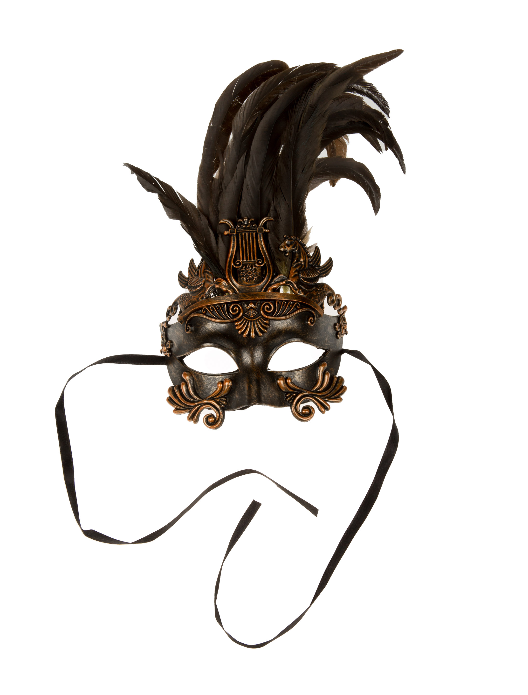 Maske schwarz mit Federn gold