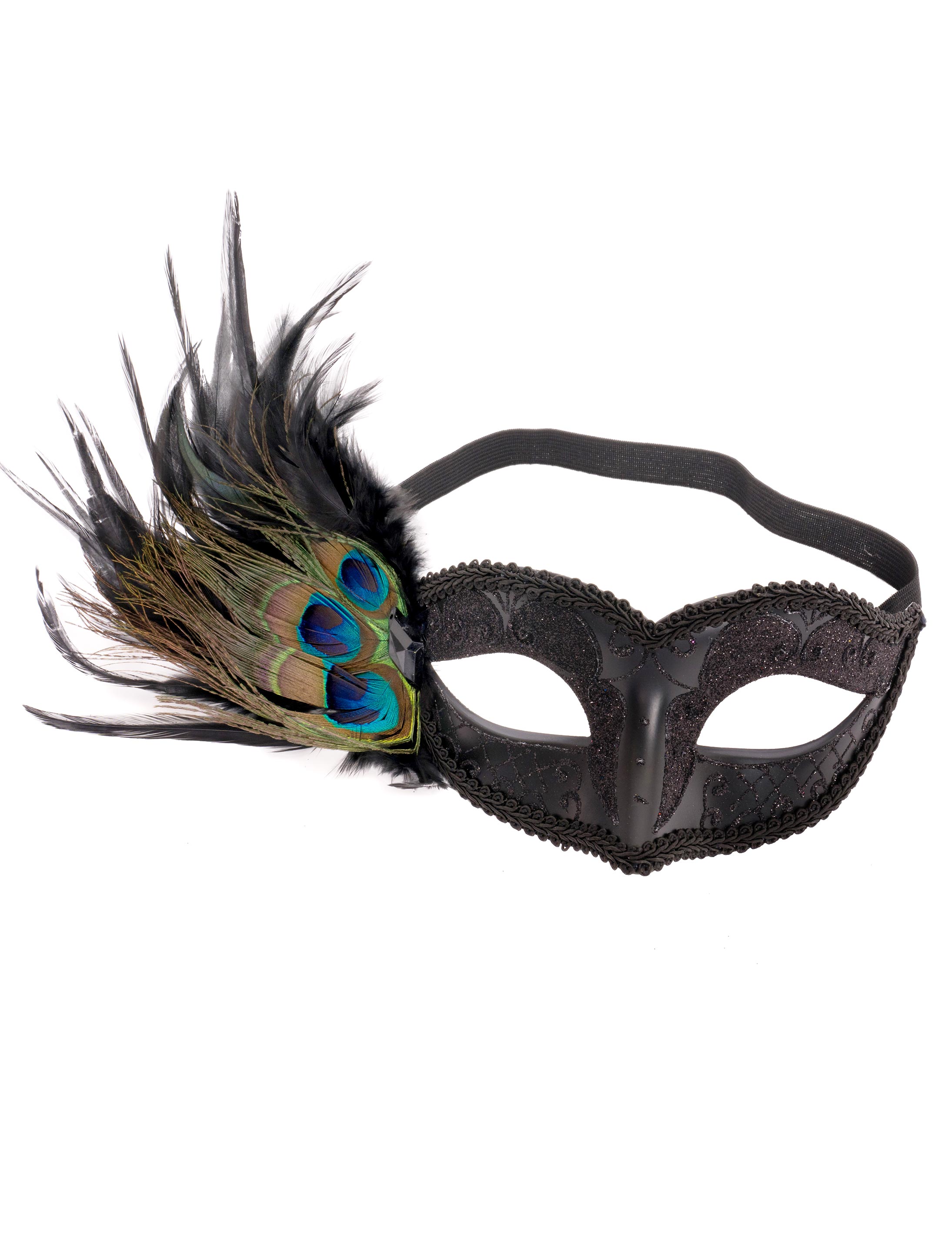 Augenmaske schwarz mit Pfauenfeder
