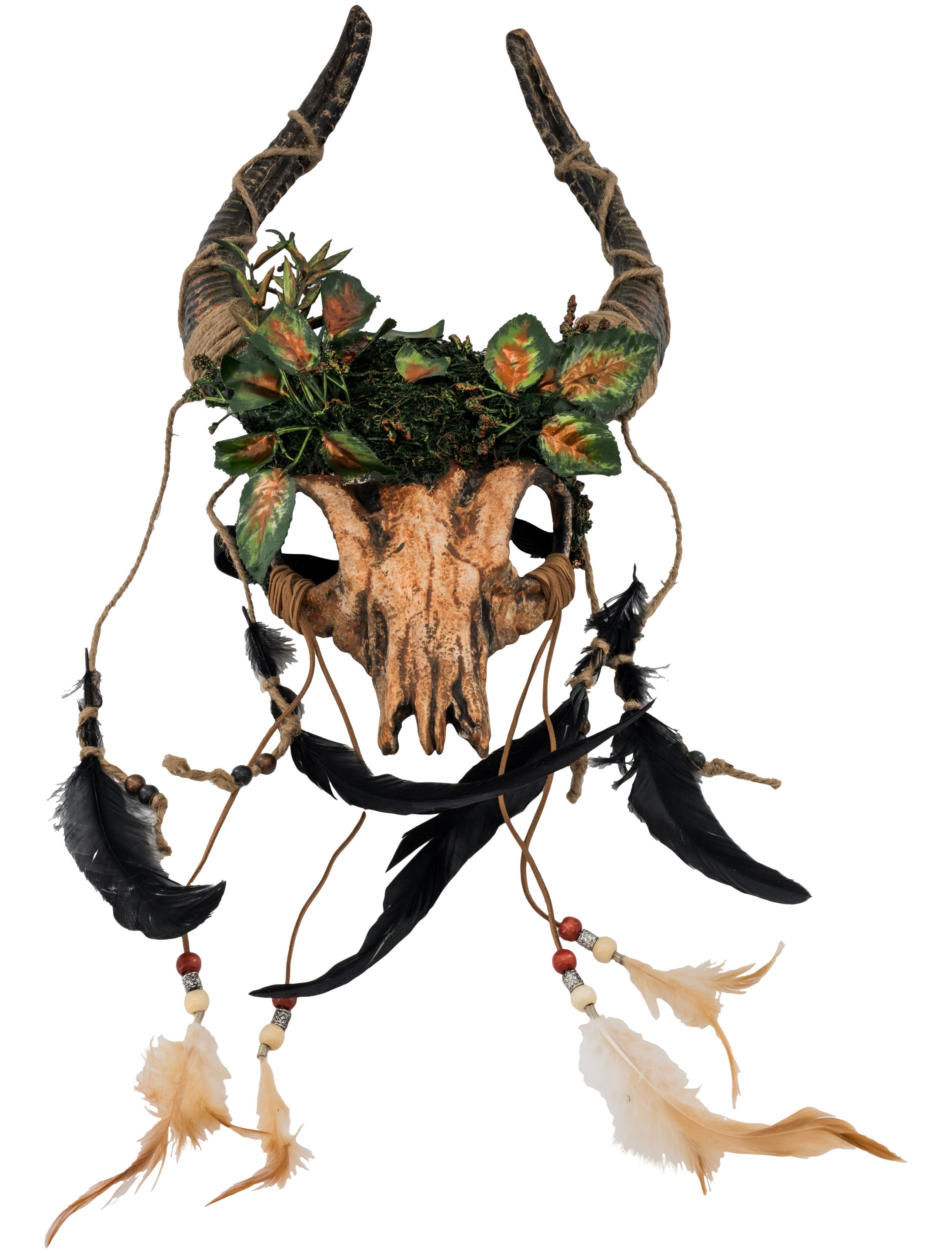 Maske Wald Style mit Hörnern und Federn bunt