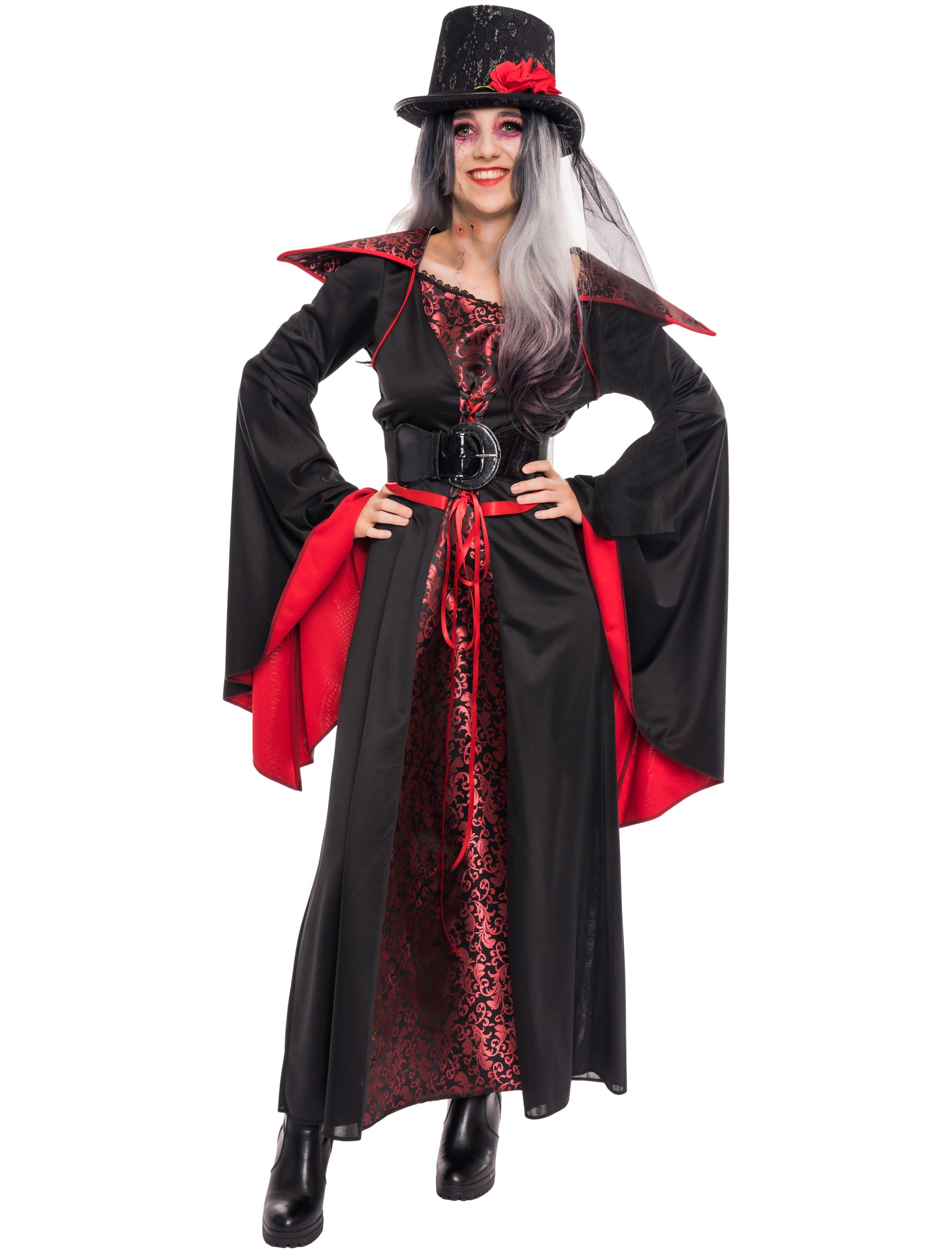 Kleid Vampir mit Kragen Damen schwarz/rot 3XL