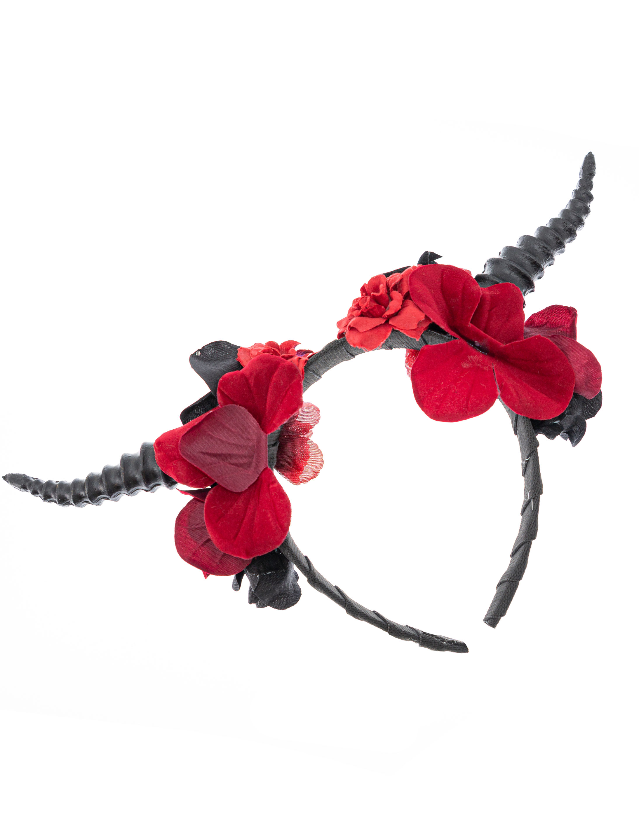 Haarreif Hörner schwarz mit Blumen rot/schwarz