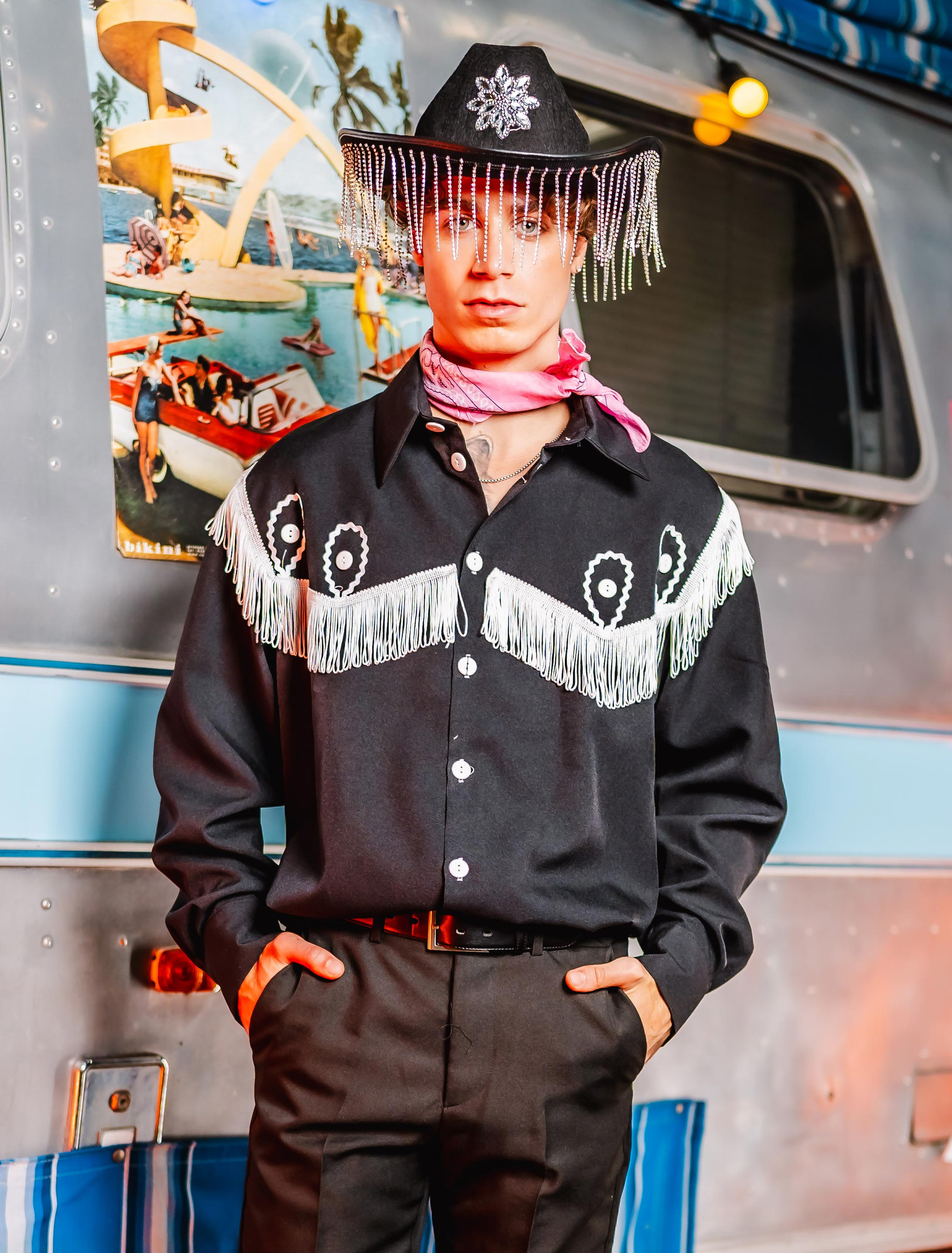 Cowboyhemd mit Fransen Herren schwarz 4XL/5XL
