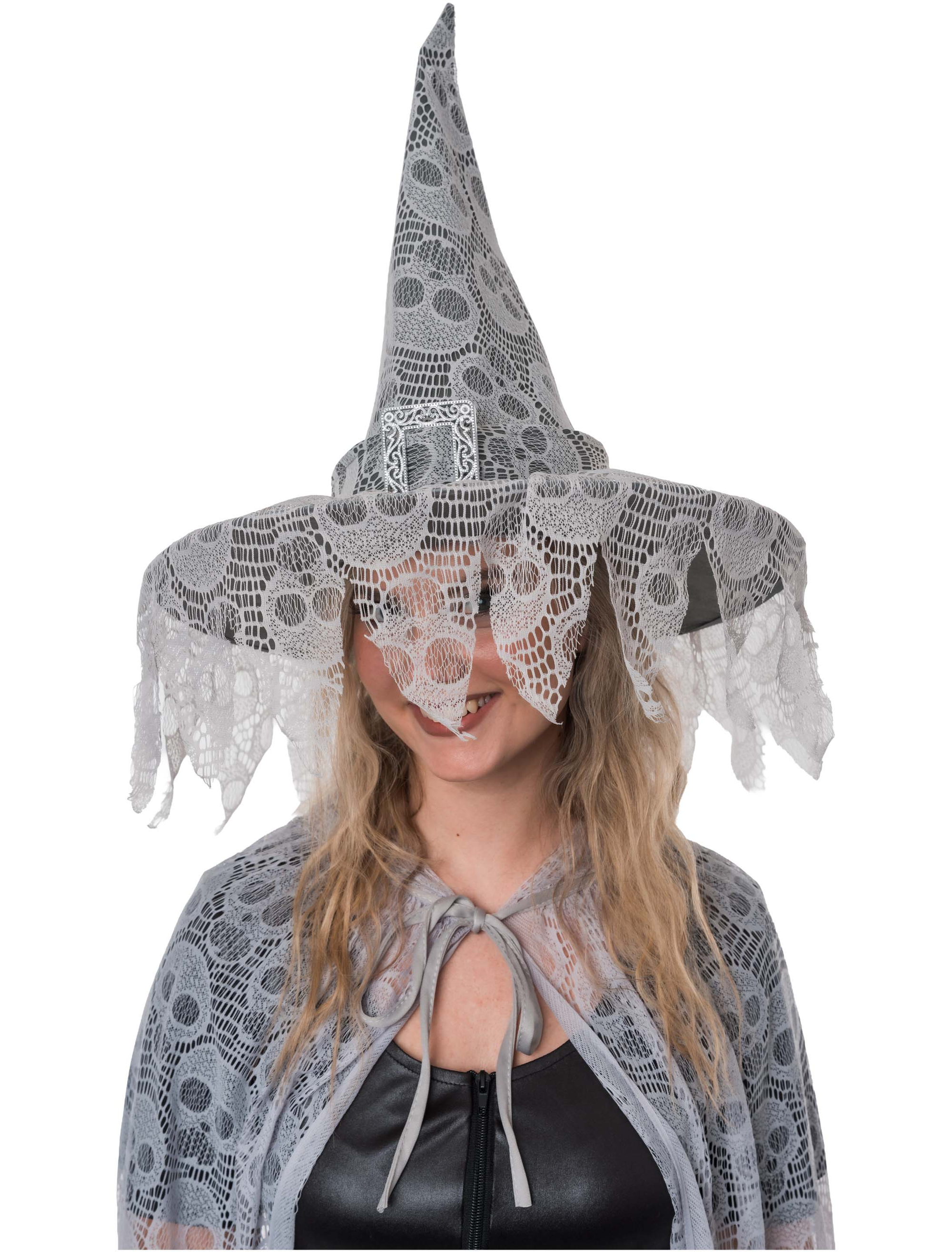 Hexenhut mit Totenkopf-Netz grau one size