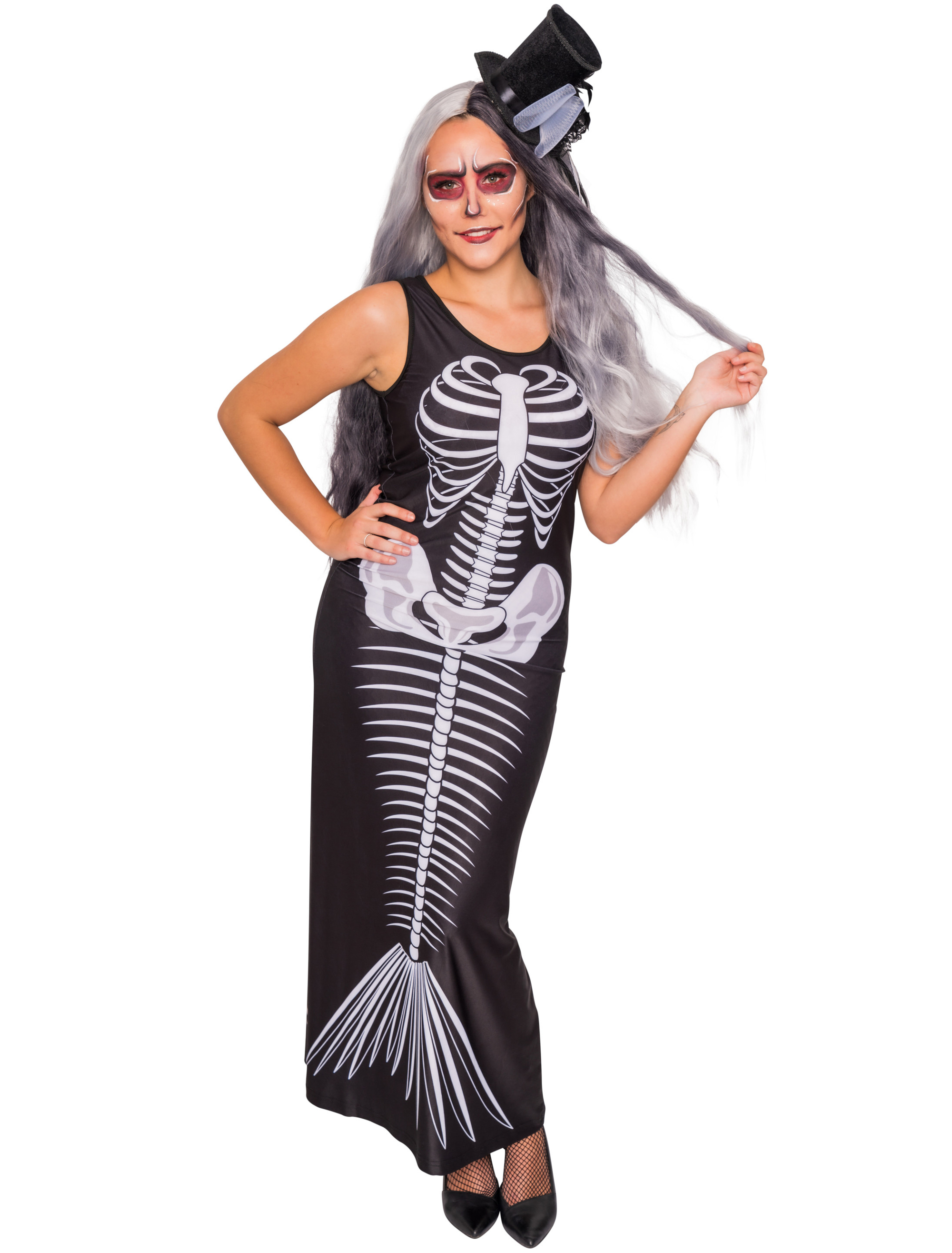 Kleid mit Skelett Meerjungfrau Damen schwarz/weiß L/XL