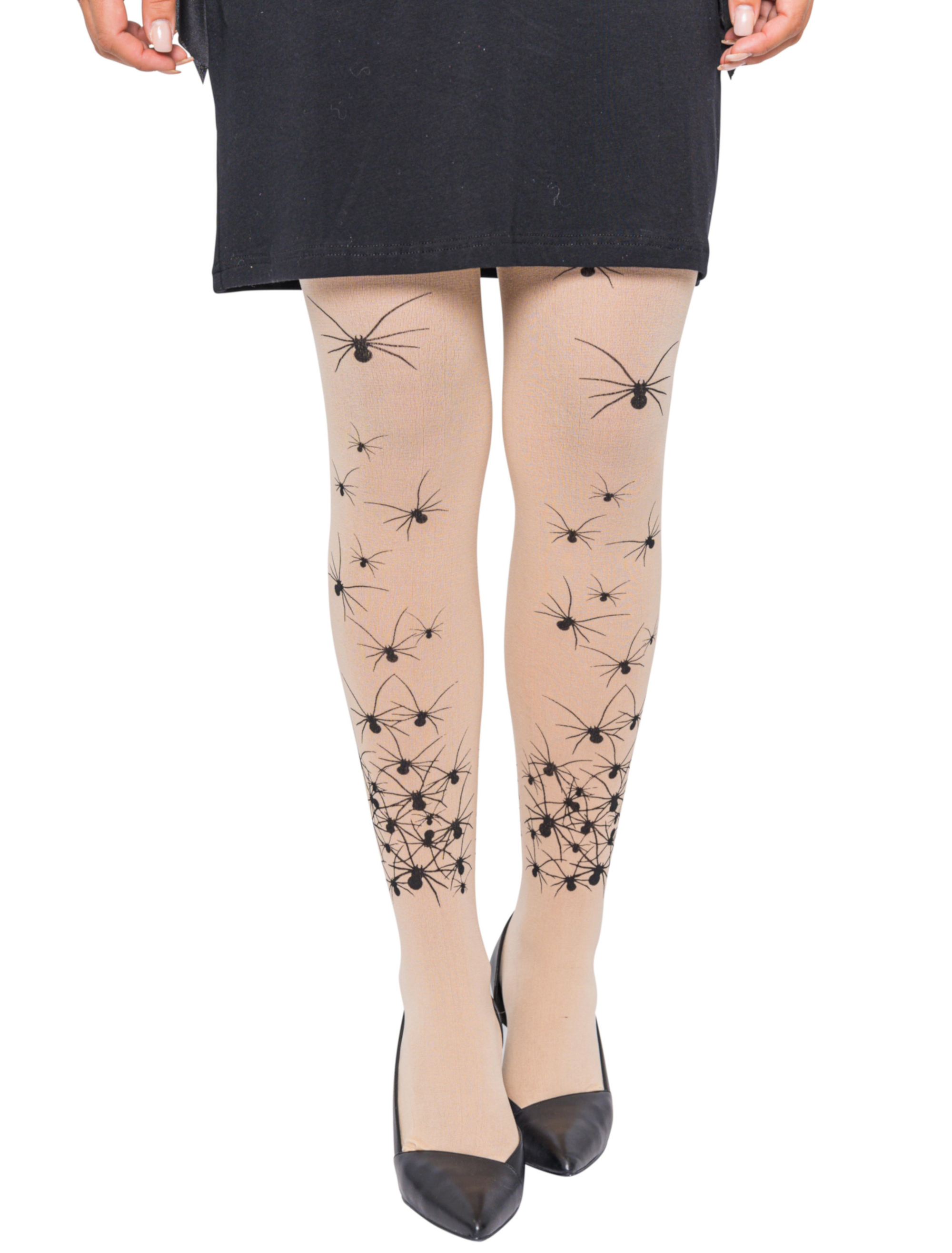 Strumpfhose mit schwarzen Spinnen beige one size
