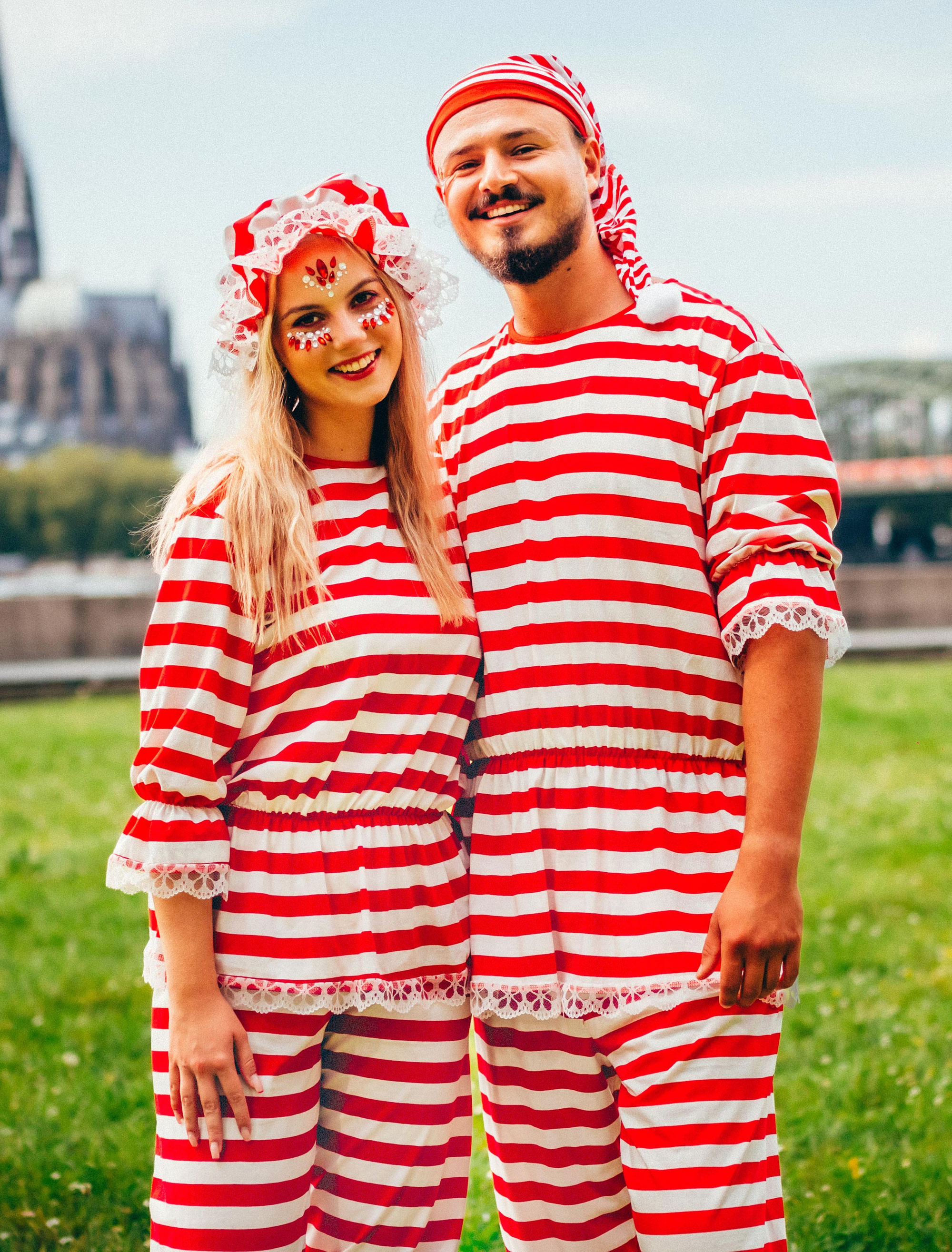 Ringelshirt und Hose mit Spitze 2-tlg. weiß/rot S/M