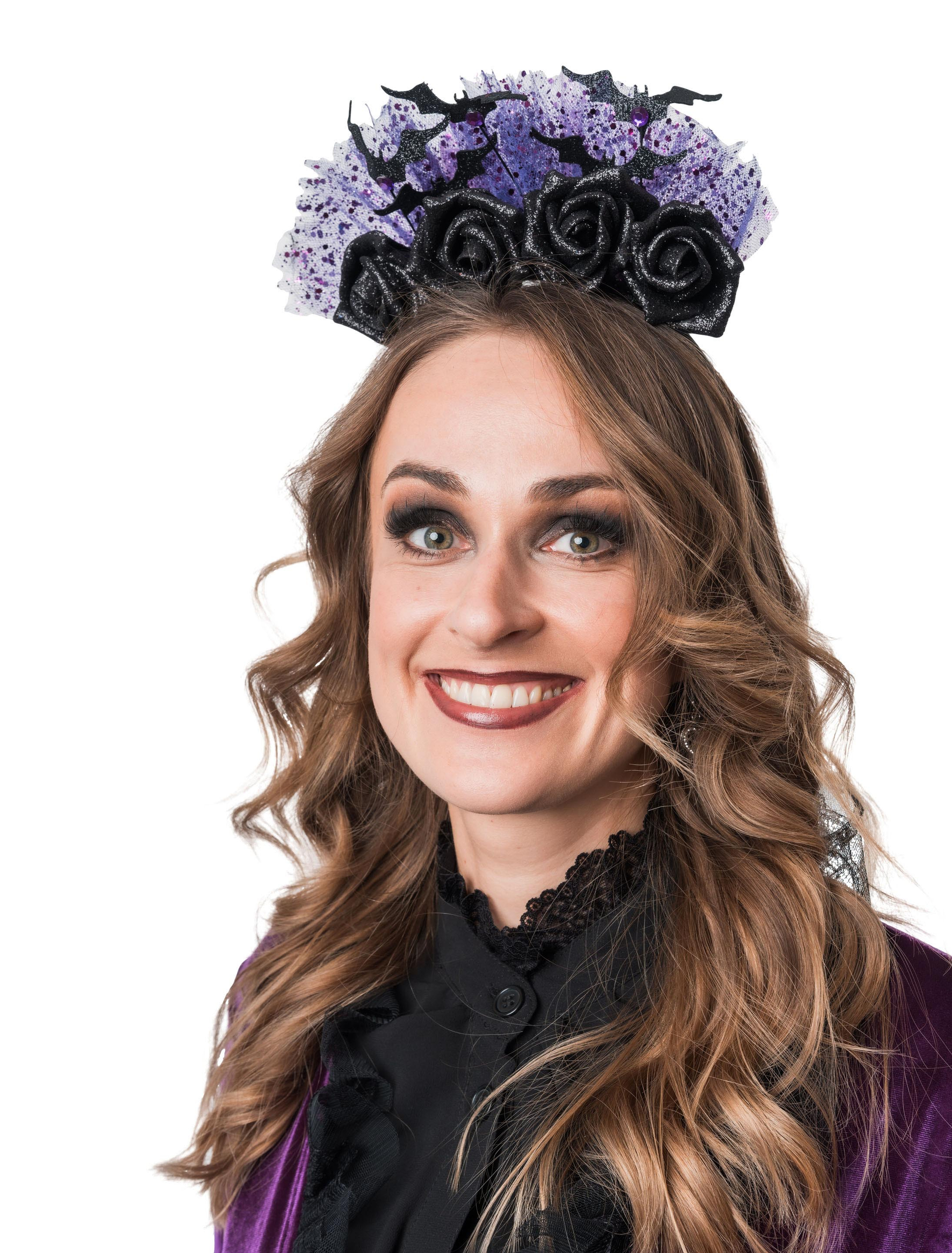 Haarreif Fledermaus mit Rosen und Tüll schwarz/lila