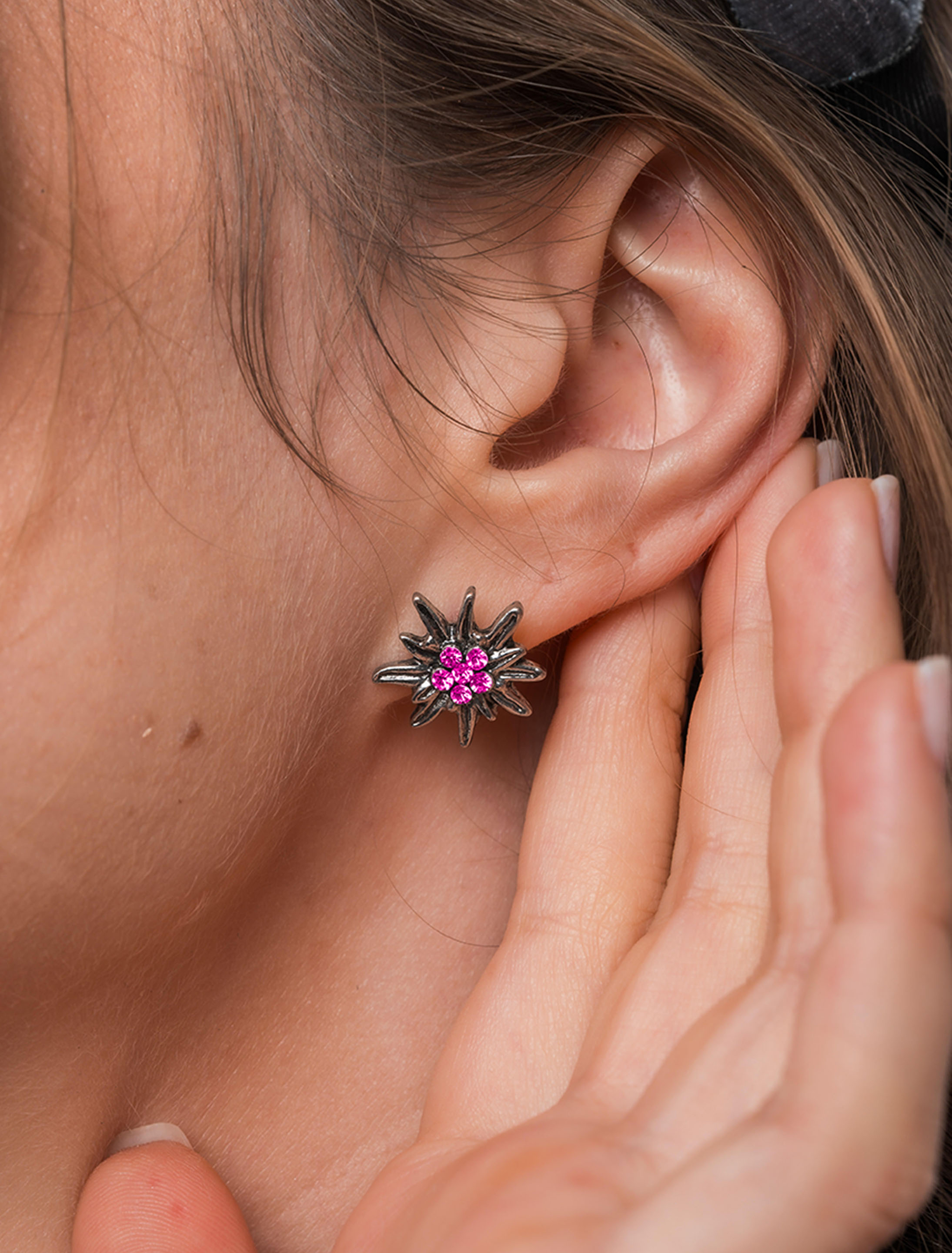 Ohrringe Edelweiß mit Strasssteinen pink/silber