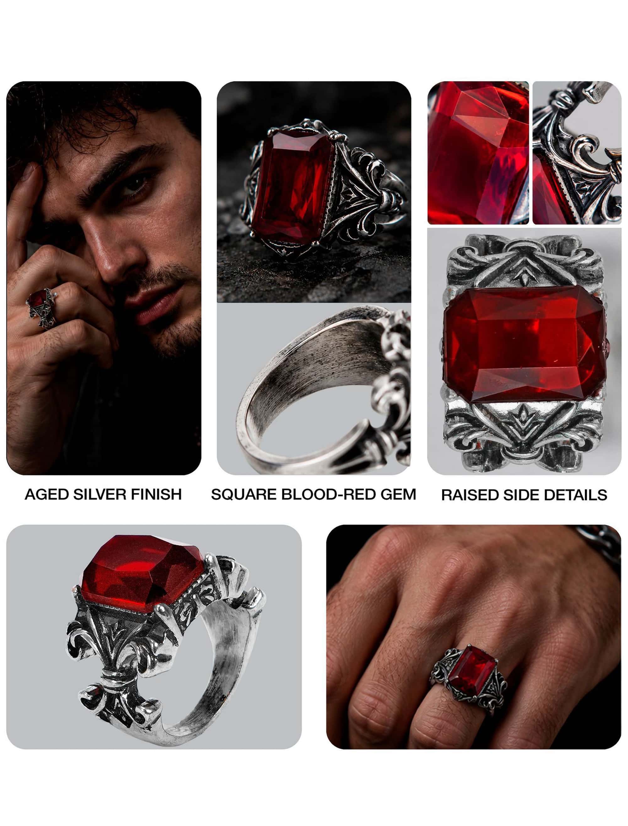 Ring Vampir mit Edelstein rot/silber