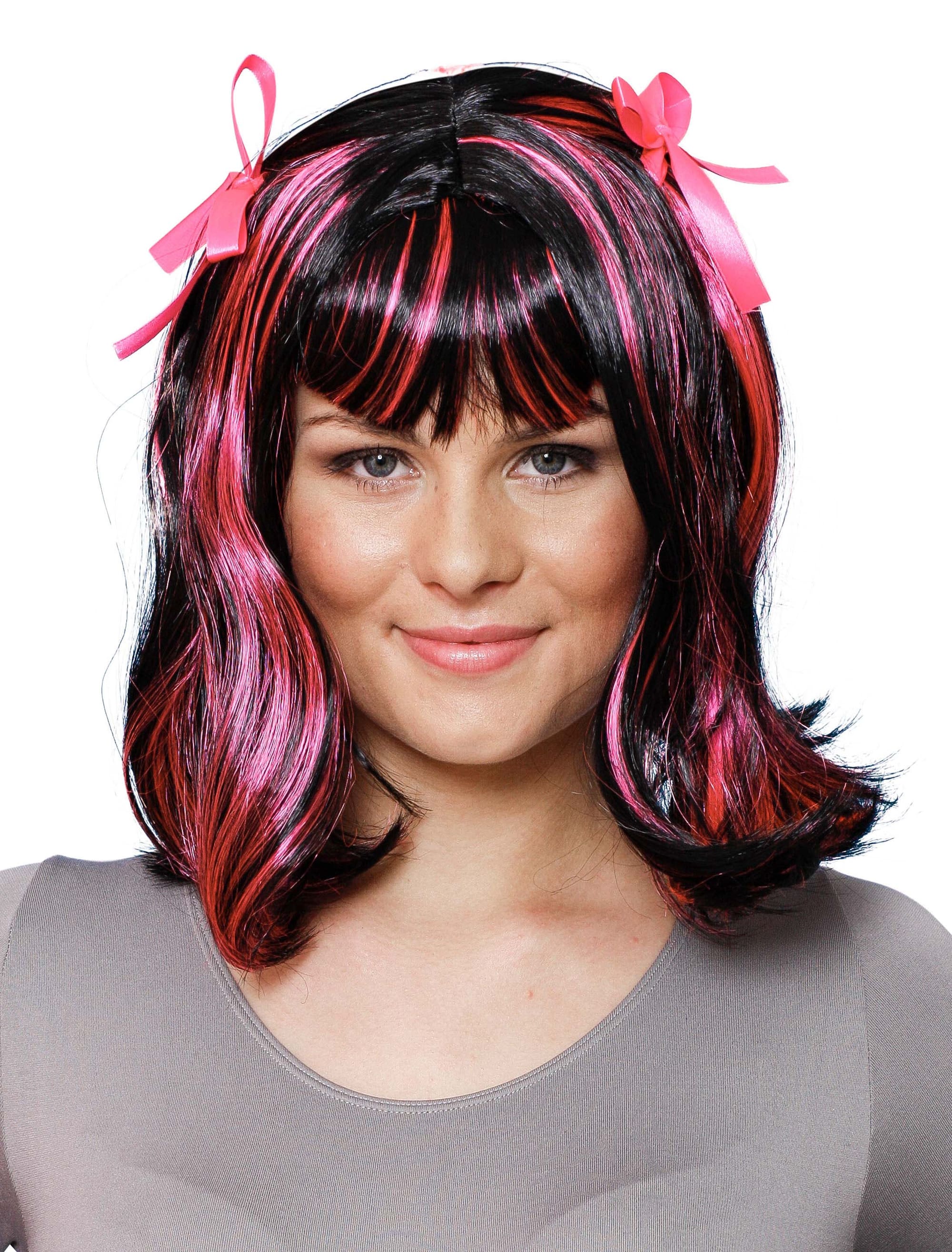 Perücke mit Schleife schwarz/pink