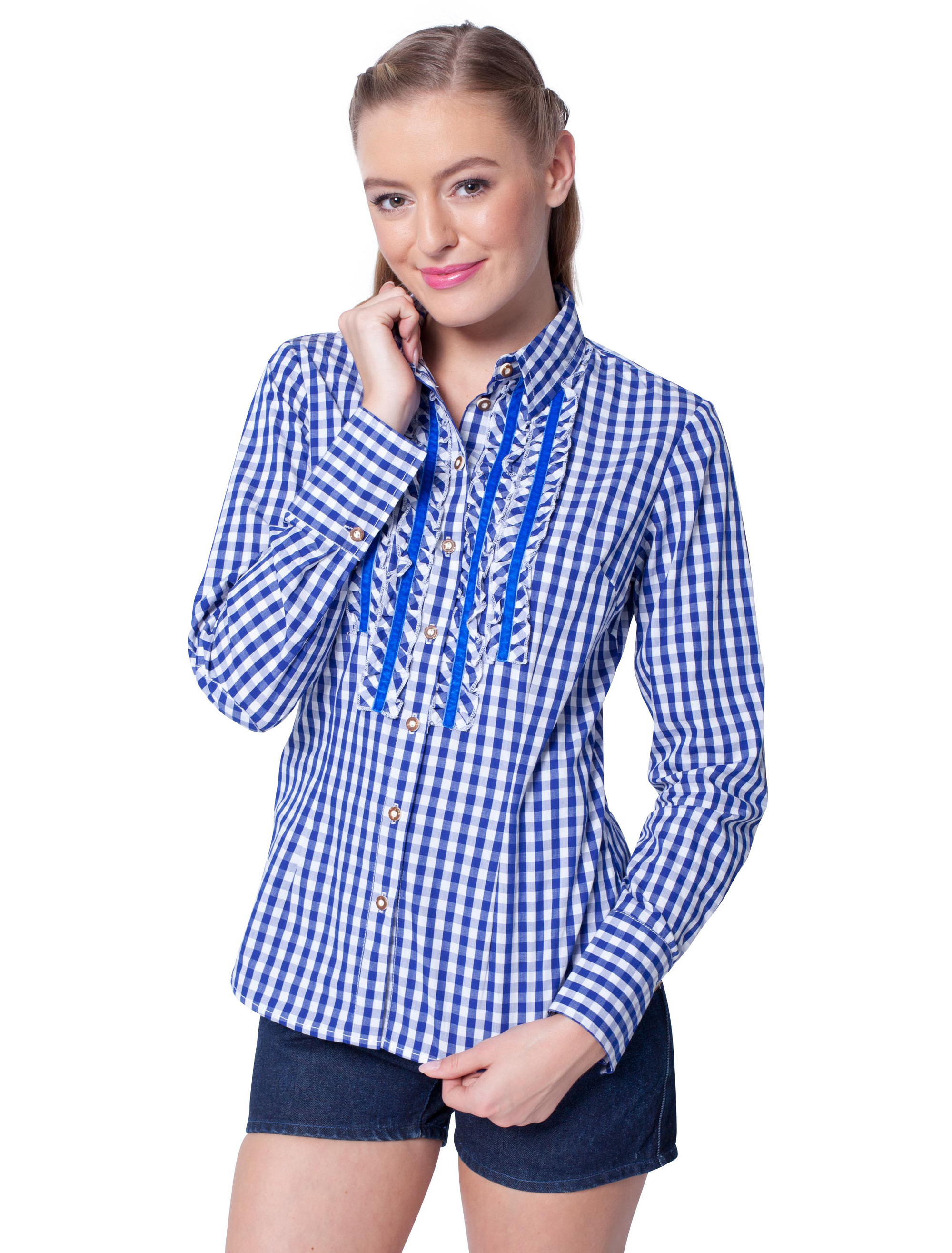 Trachtenbluse kariert Damen blau/weiß 44
