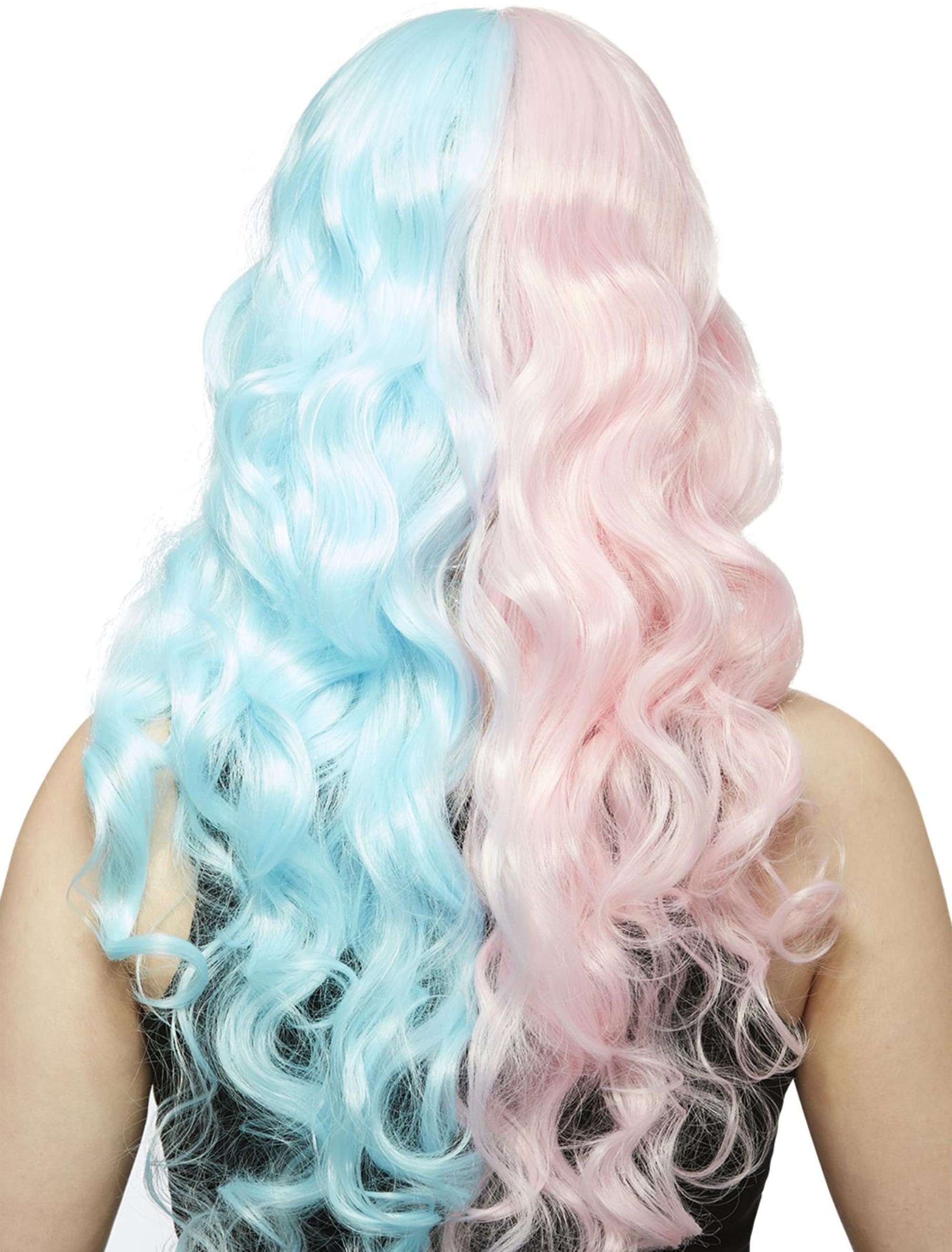 Perücke Langhaar wellig mit Pony türkis/pink