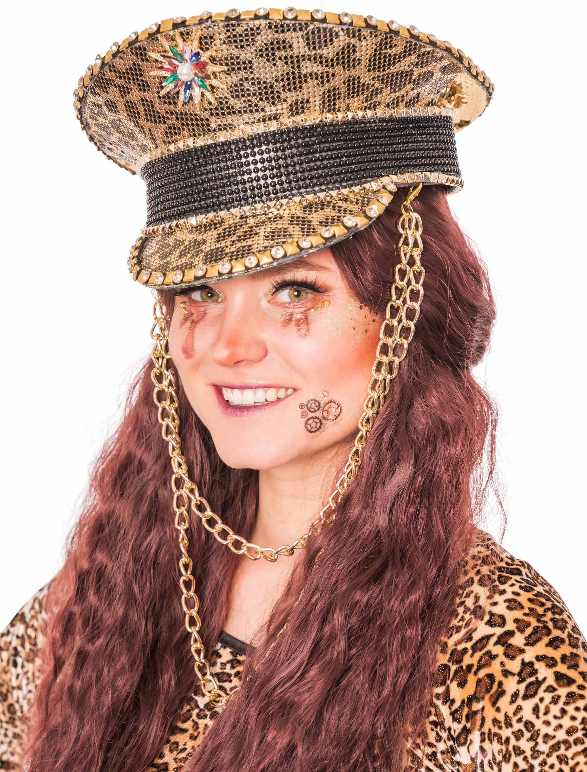 Kappe Leopard schwarz/braun mit Nieten und Kristallen