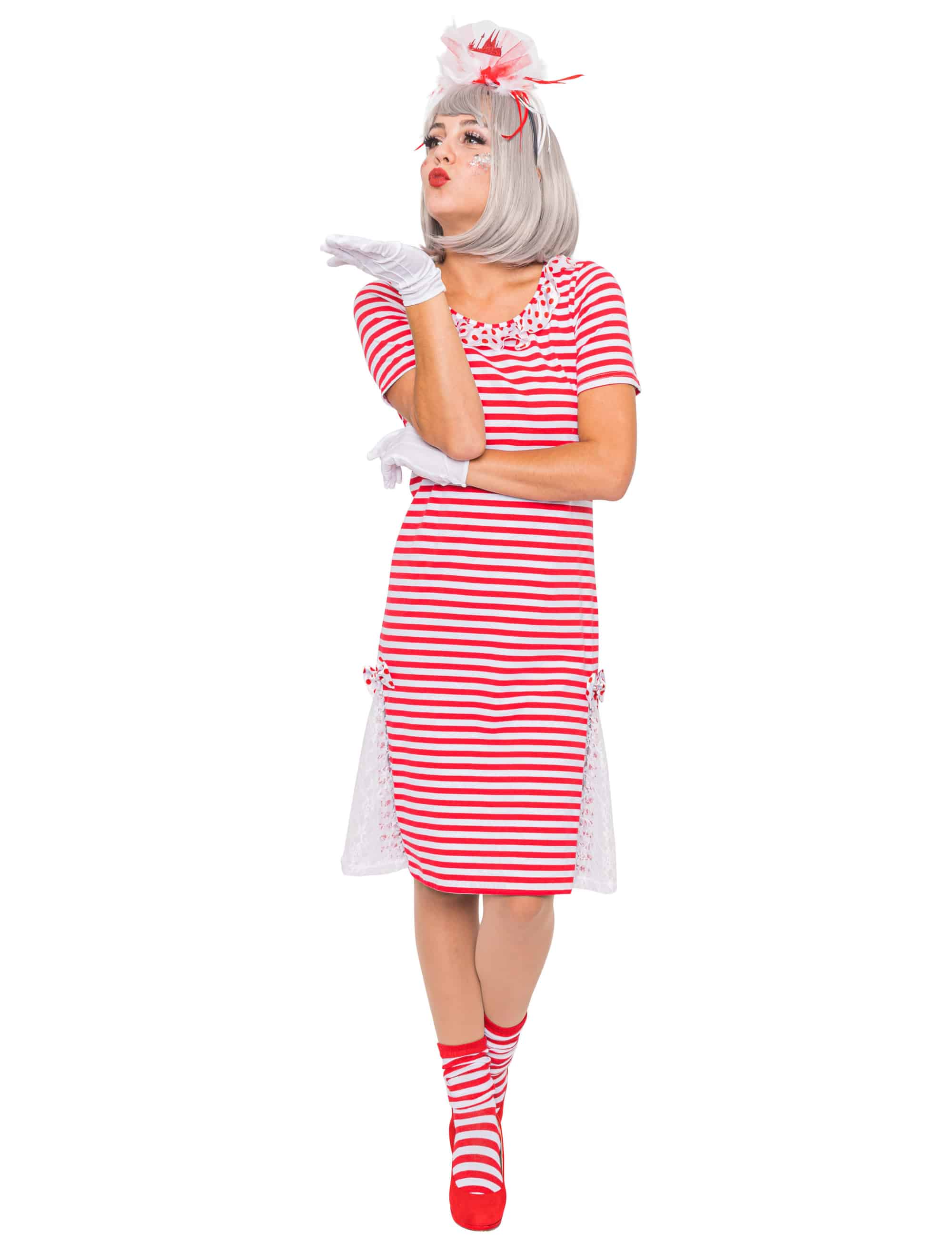 Ringelkleid mit Spitze Damen rot/weiß L
