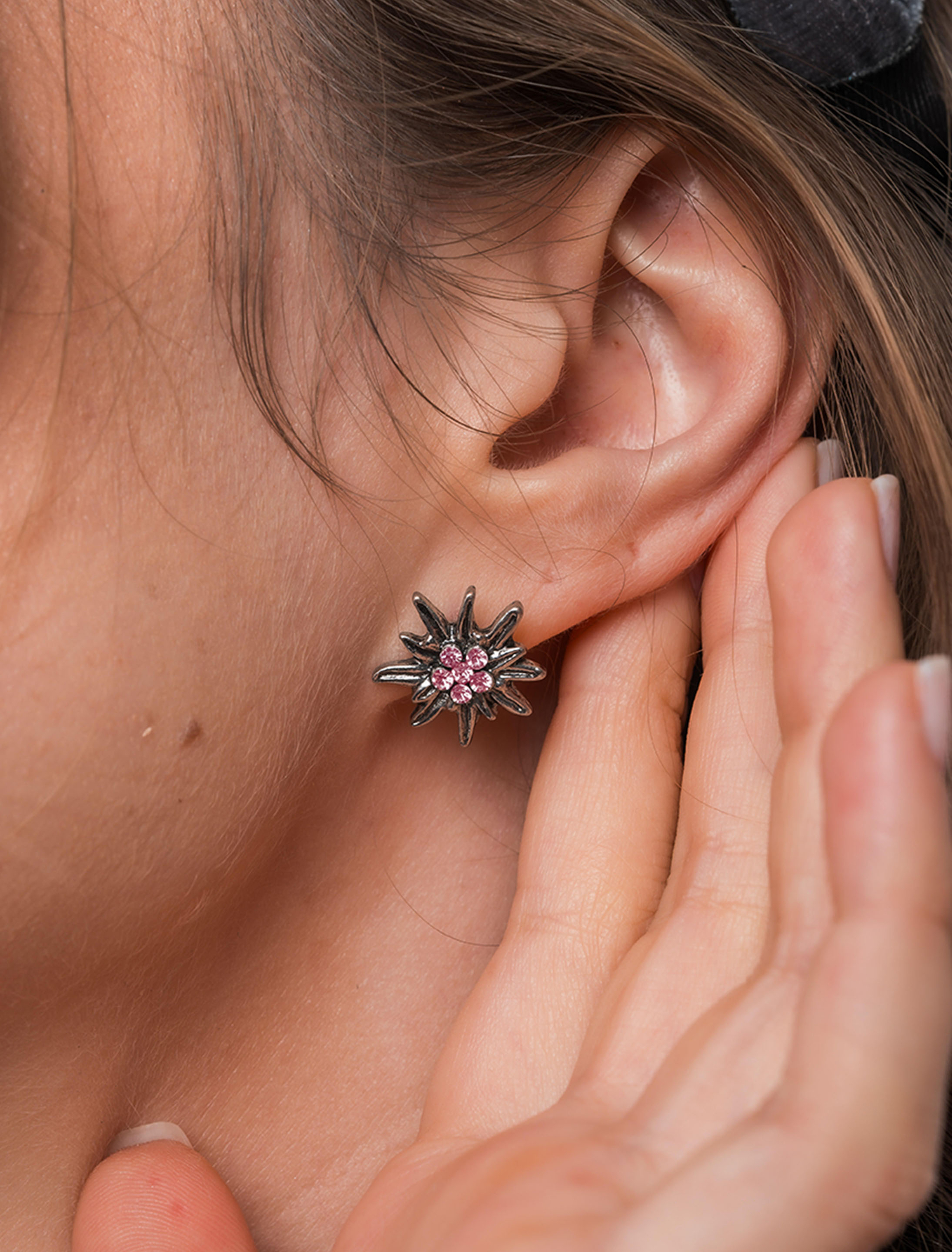 Ohrringe Edelweiß mit Strasssteinen rosa/silber
