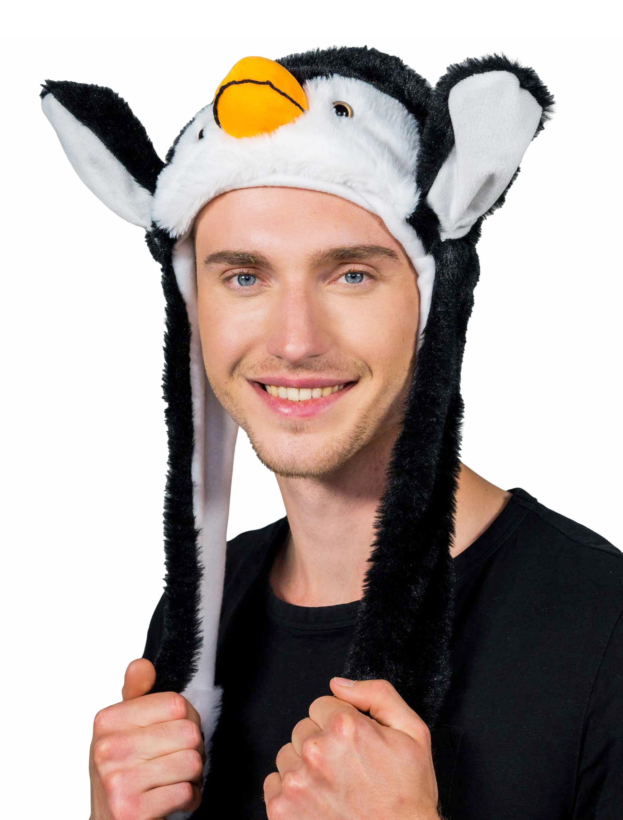 Mütze Plüsch Pinguin mit beweglichen Ohren schwarz/weiß