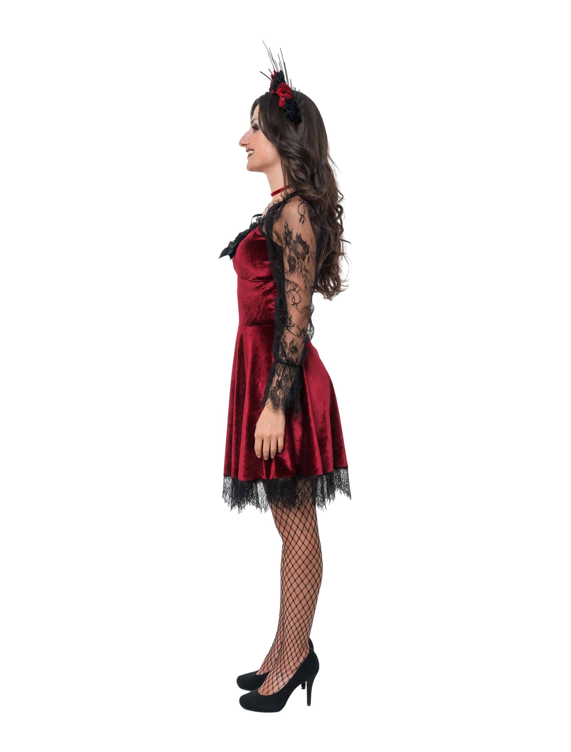 Samtkleid mit Schleife und Spitzenärmel Damen rot/schwarz S/M