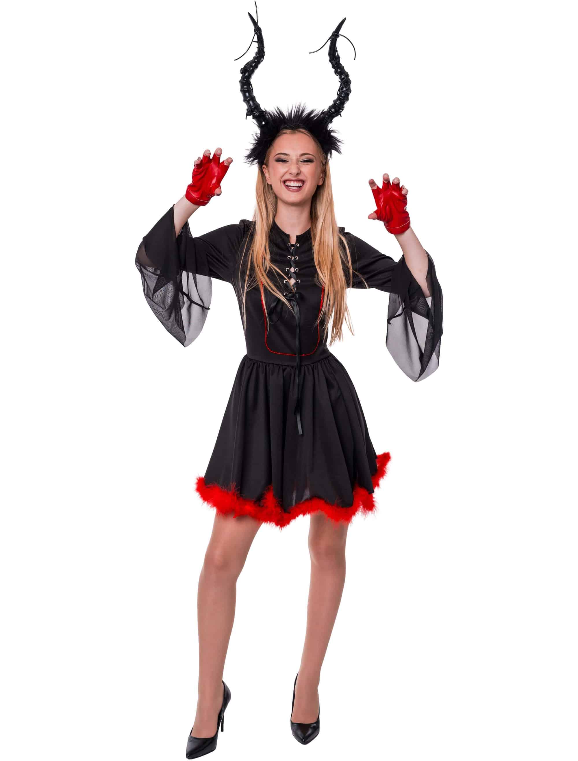 Kleid Teufel mit Schnürung und Marabu Damen schwarz/rot S