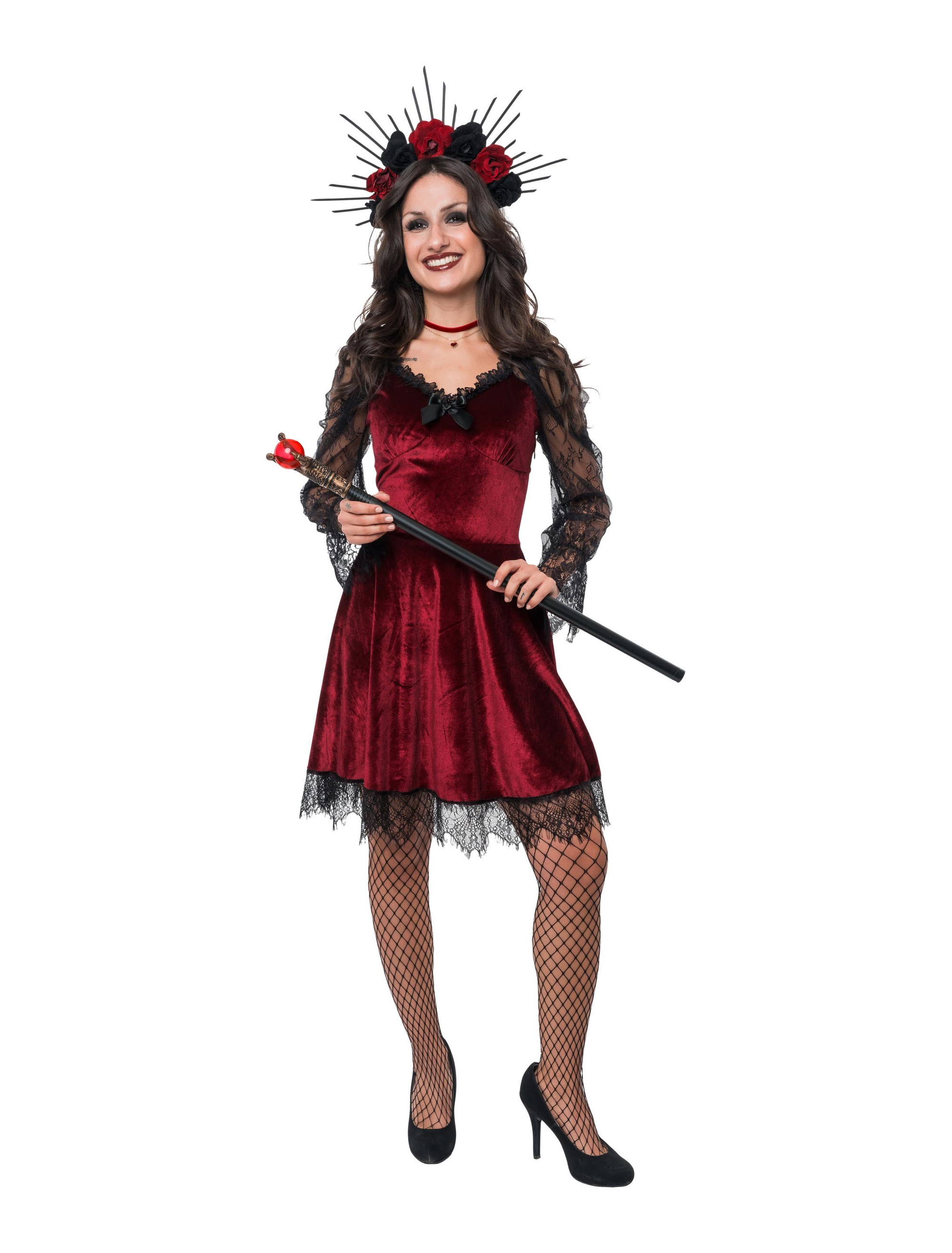 Samtkleid mit Schleife und Spitzenärmel Damen rot/schwarz S/M