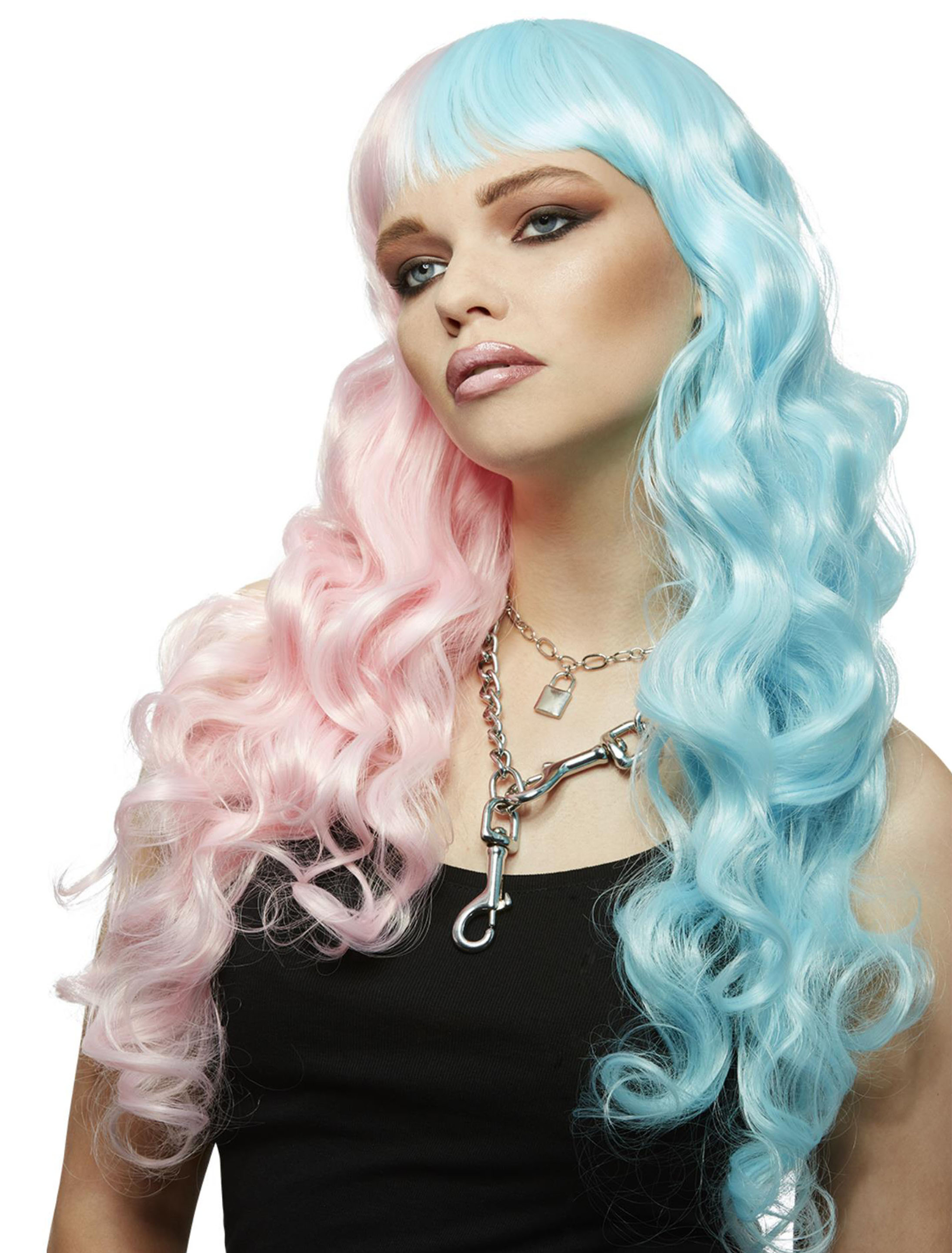 Perücke Langhaar wellig mit Pony türkis/pink