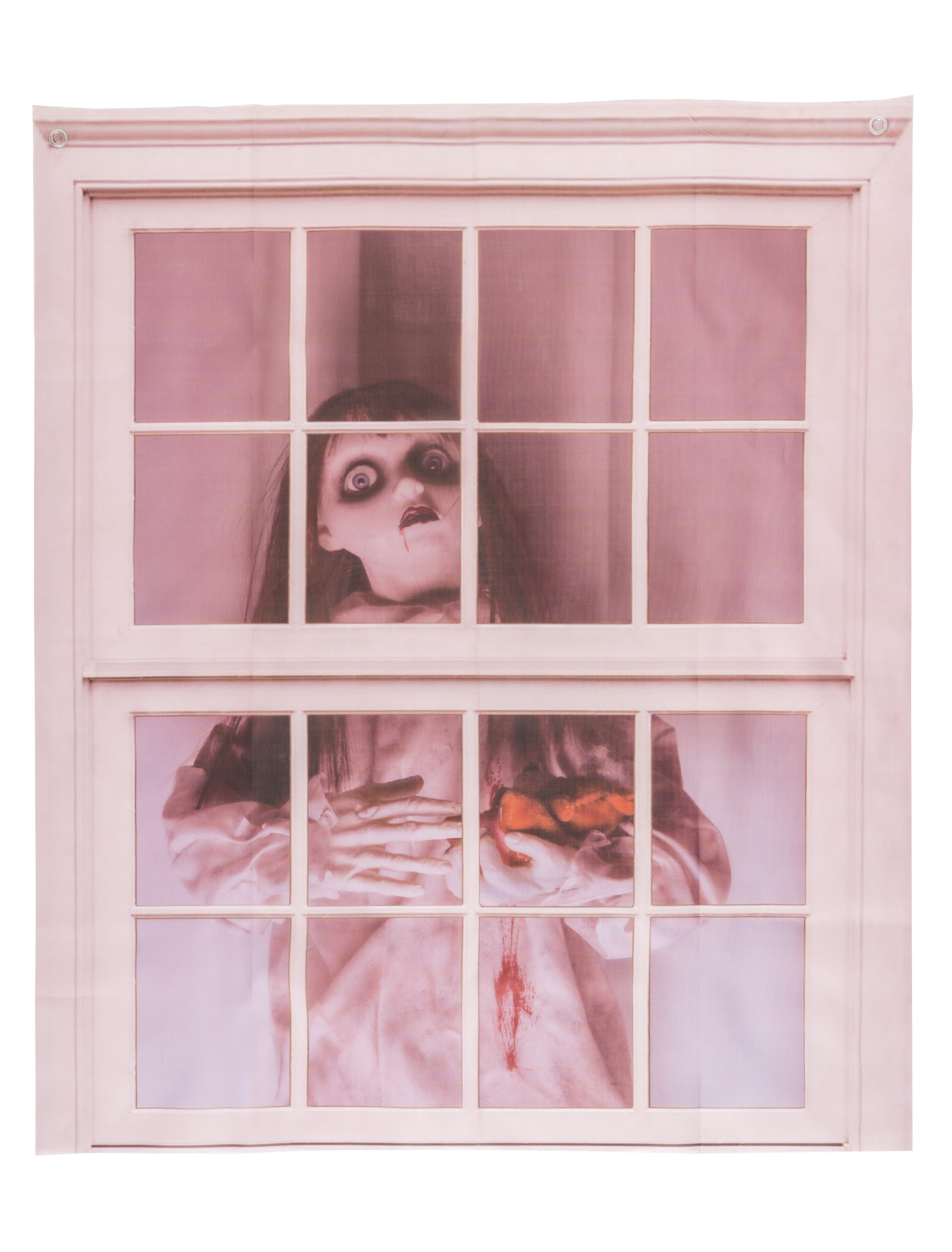 Dekotuch Fenster mit Horrorpuppe
