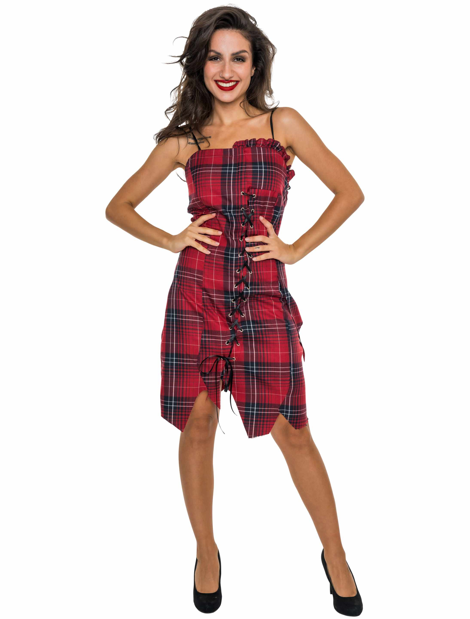Kleid Schottin kurz Damen rot/schwarz M