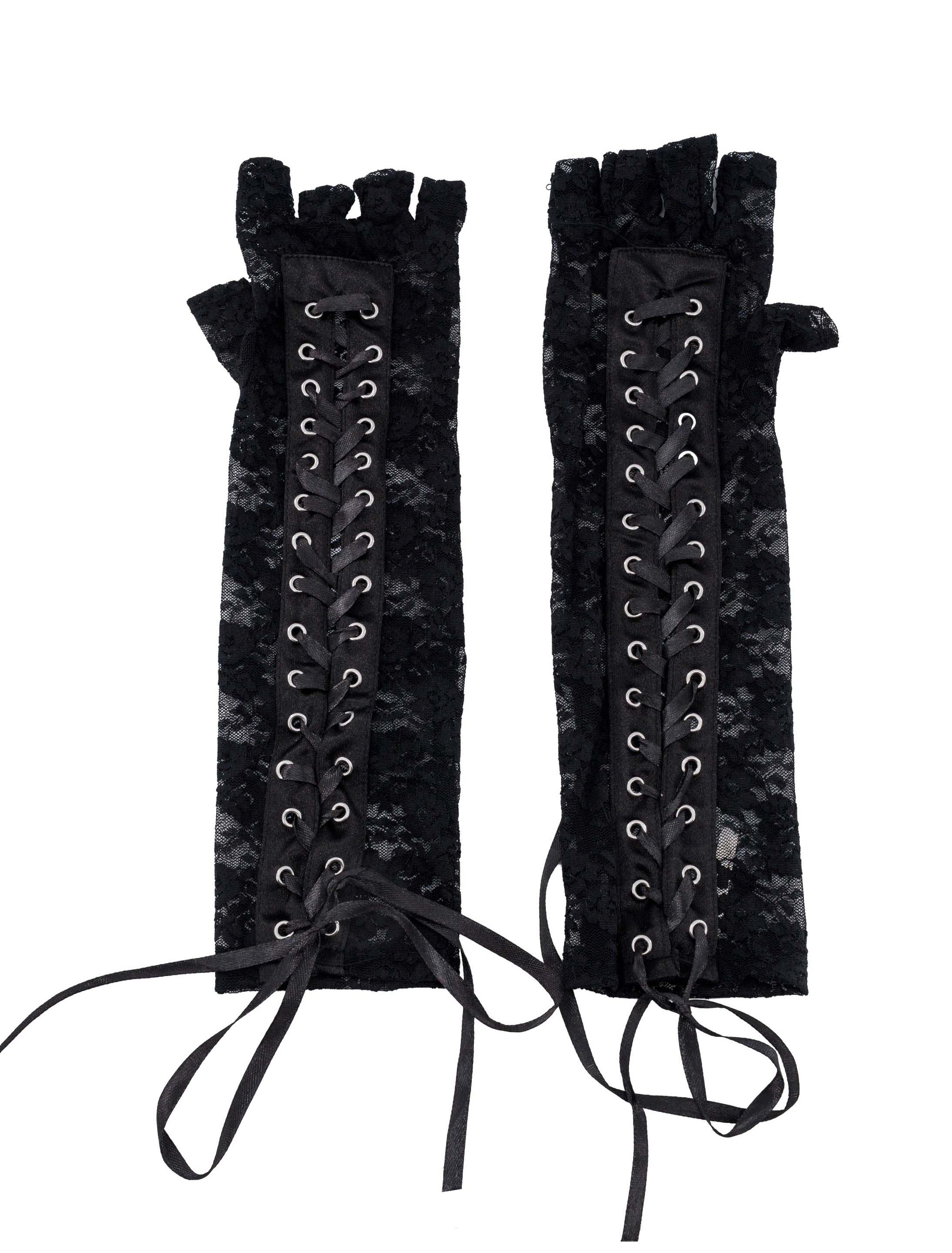 Spitzenhandschuhe mit Schnürung fingerlos Damen schwarz one size