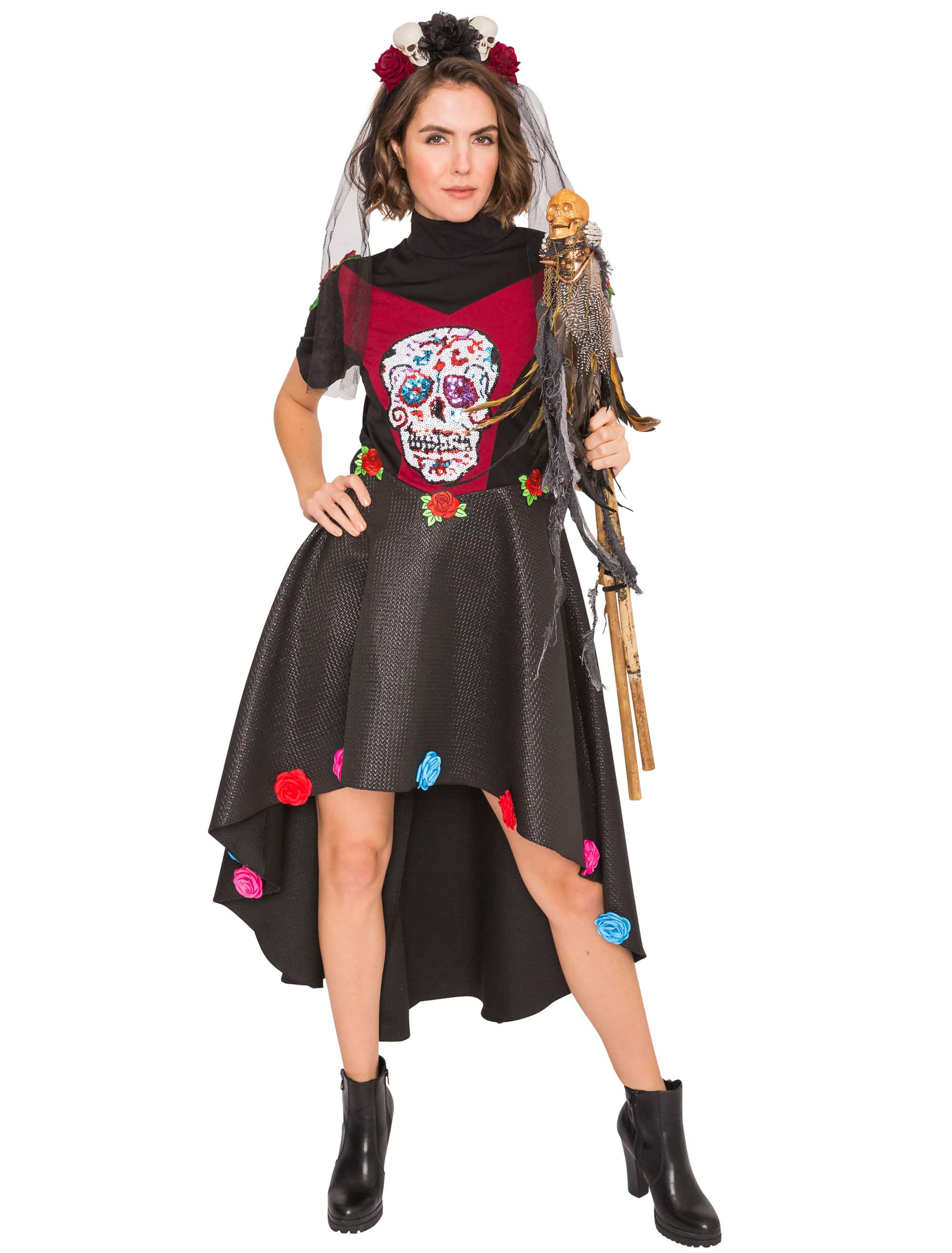 Kleid Dia de los Muertos Damen schwarz/rot M