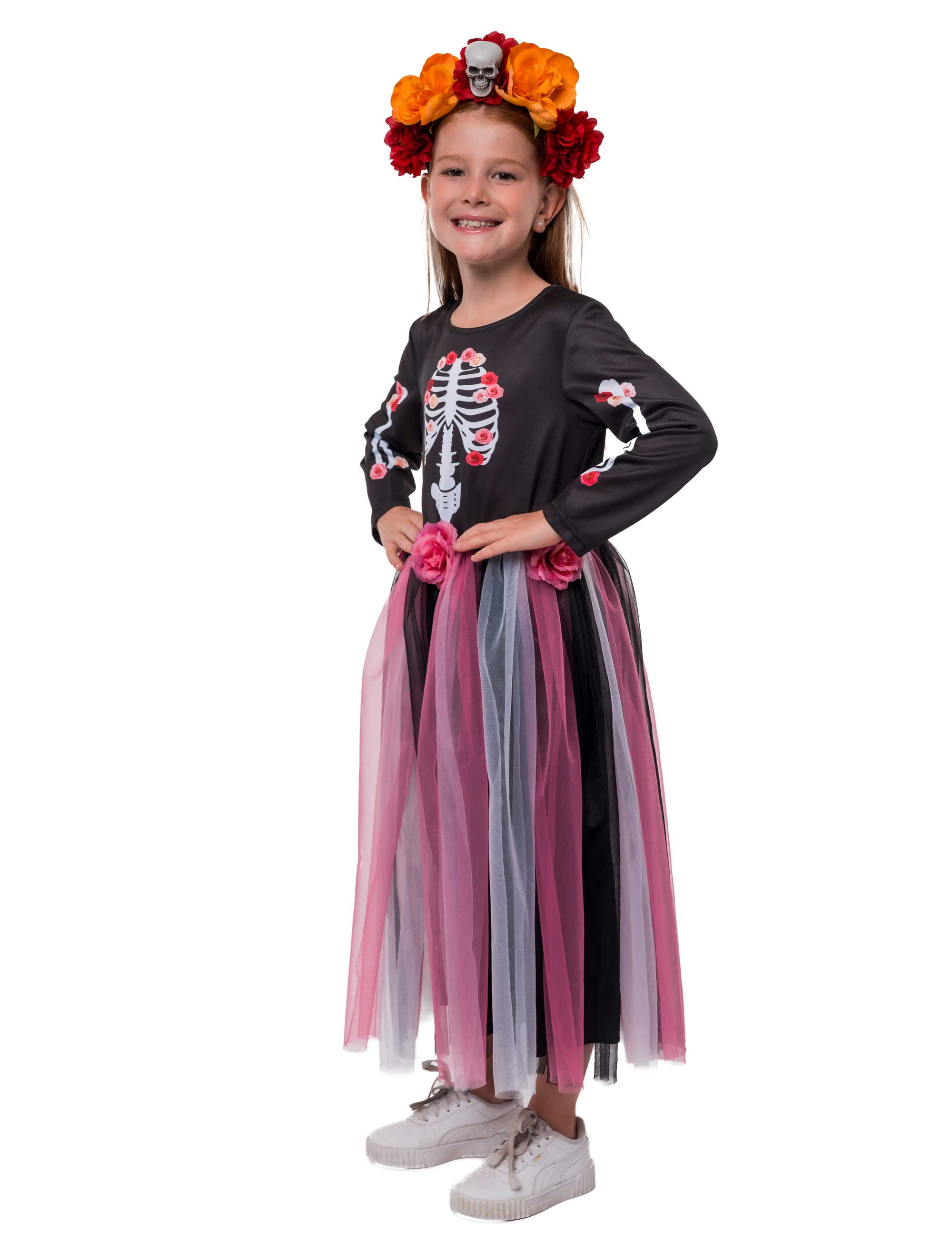 Kleid Dia de los Muertos Kinder schwarz/rosa 116