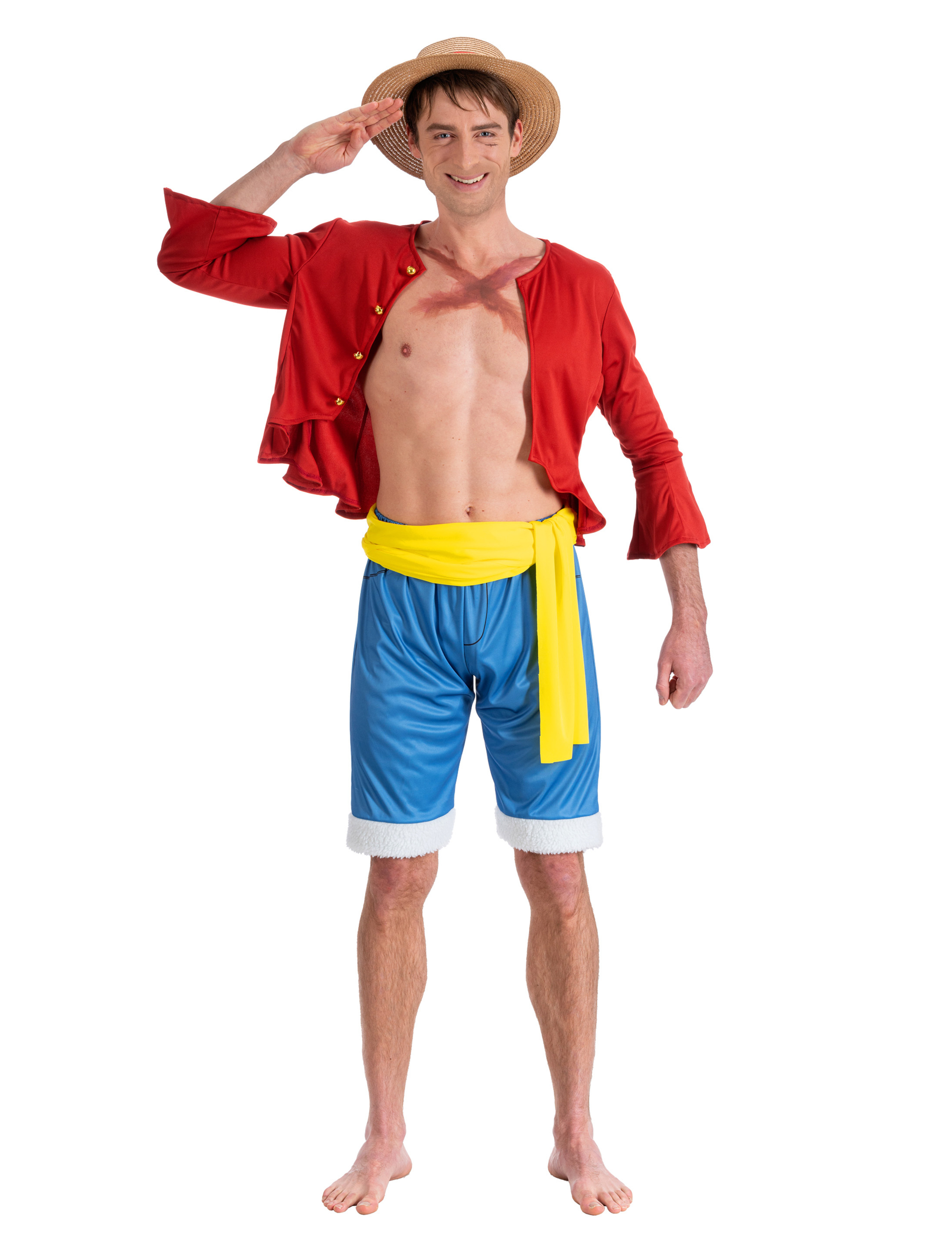 Kostüm Ruffy One Piece 4-tlg. Herren rot/blau/gelb S
