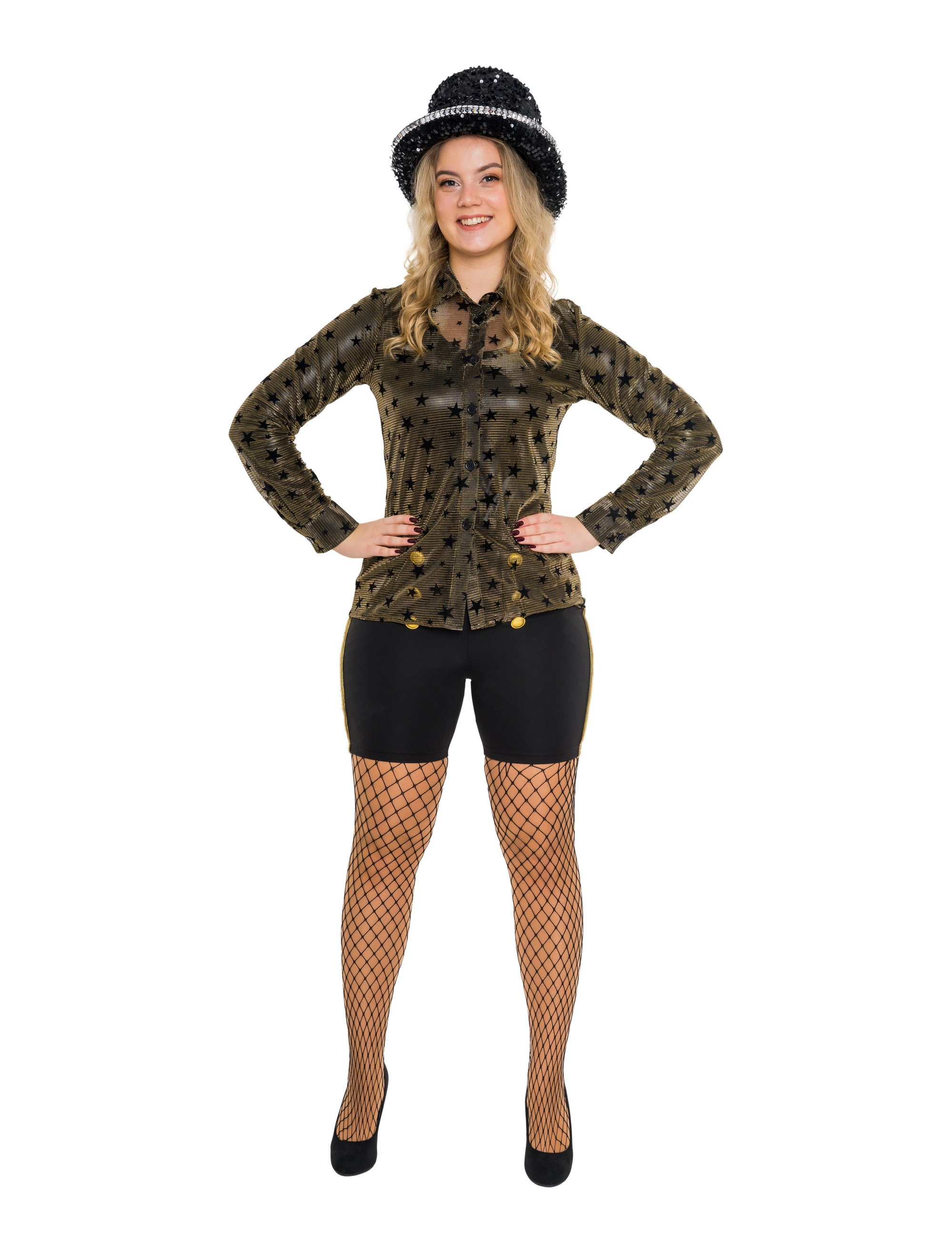 Bluse mit Sternen transparent Damen schwarz/gold S