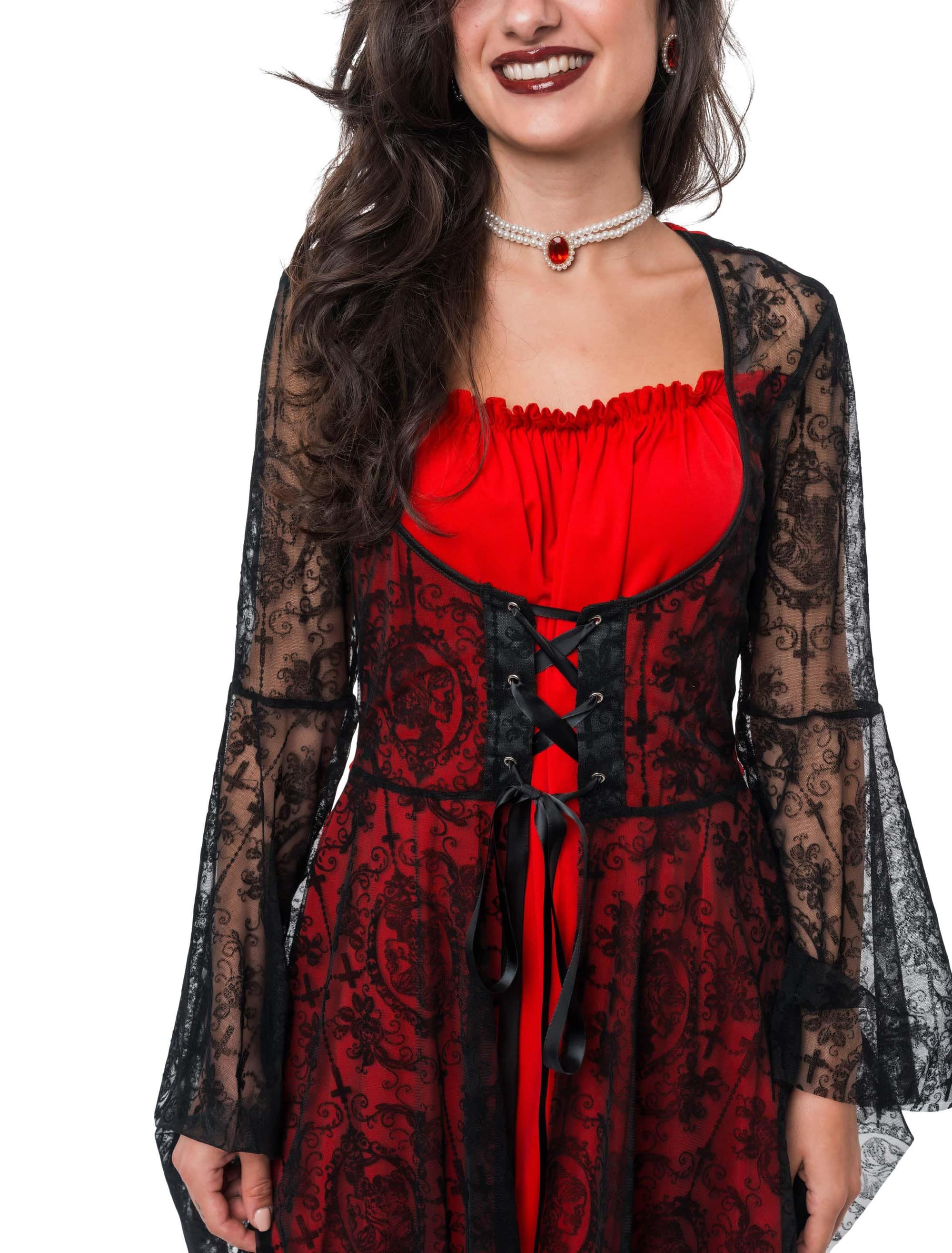 Kleid Vampir mit Trompetenärmeln und Spitze Damen rot/schwarz S/M