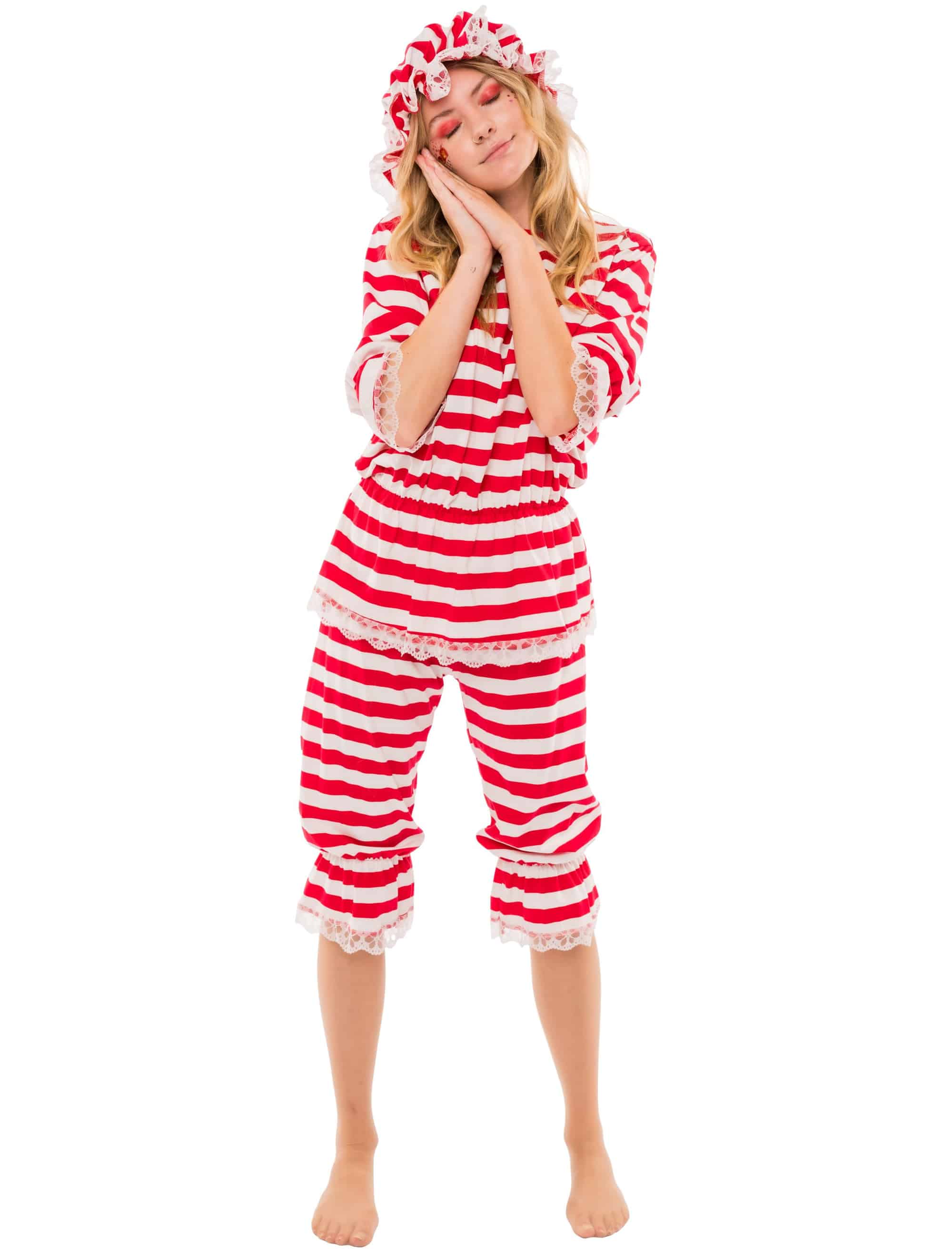 Ringelshirt und Hose mit Spitze 2-tlg. weiß/rot L/XL