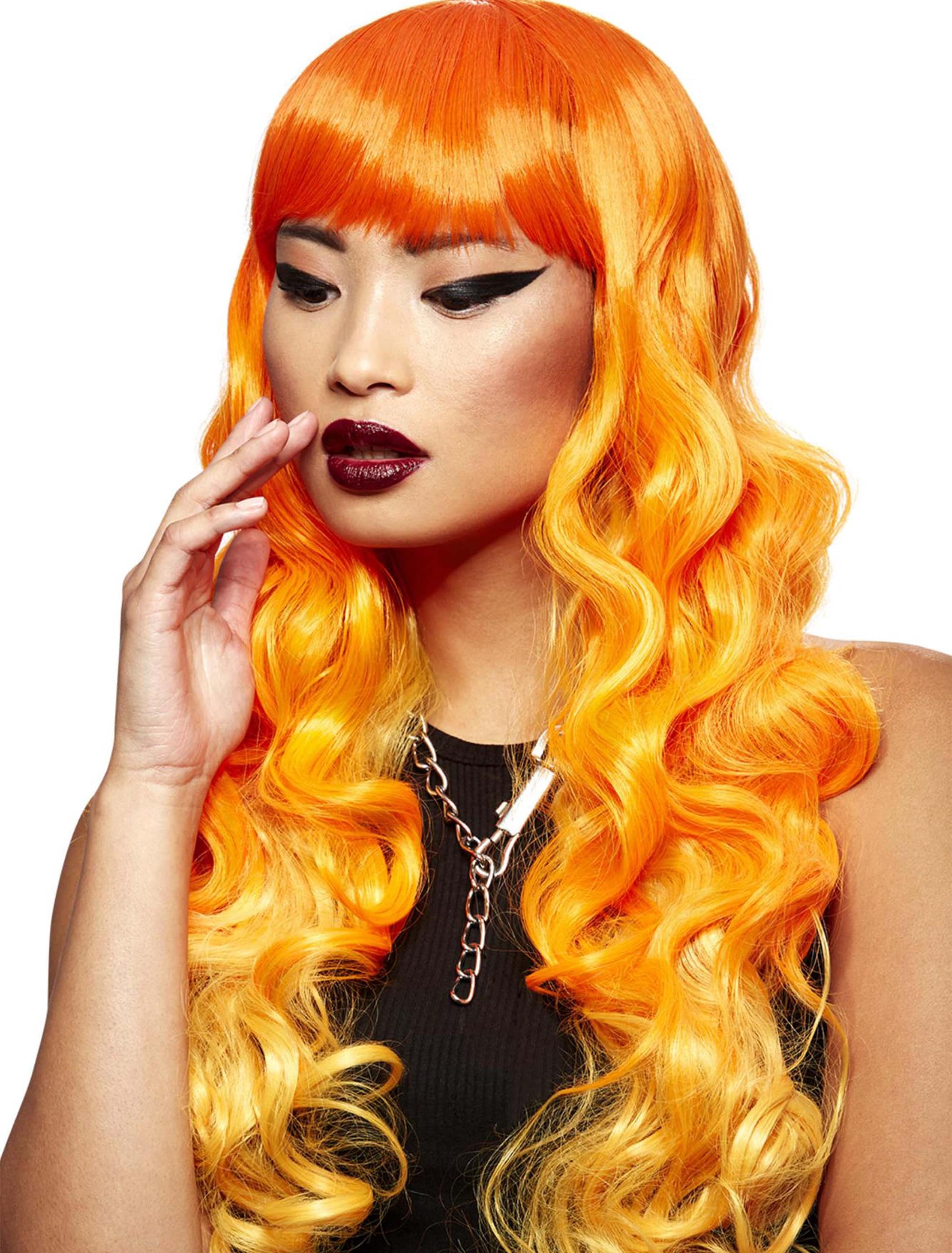 Perücke Langhaar lockig mit Pony orange