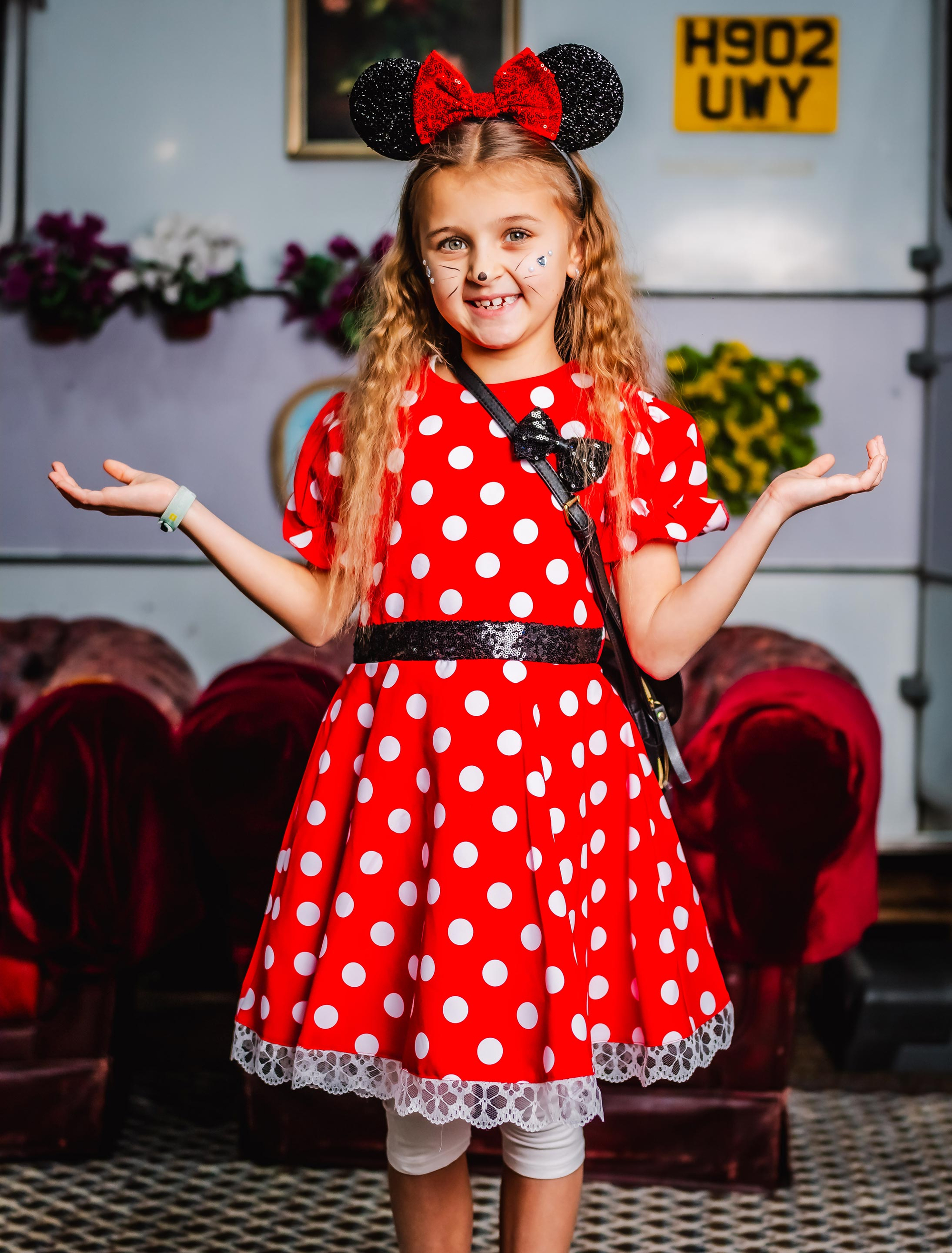 Kleid Mäuschen mit Schleife Kinder weiß/rot 140