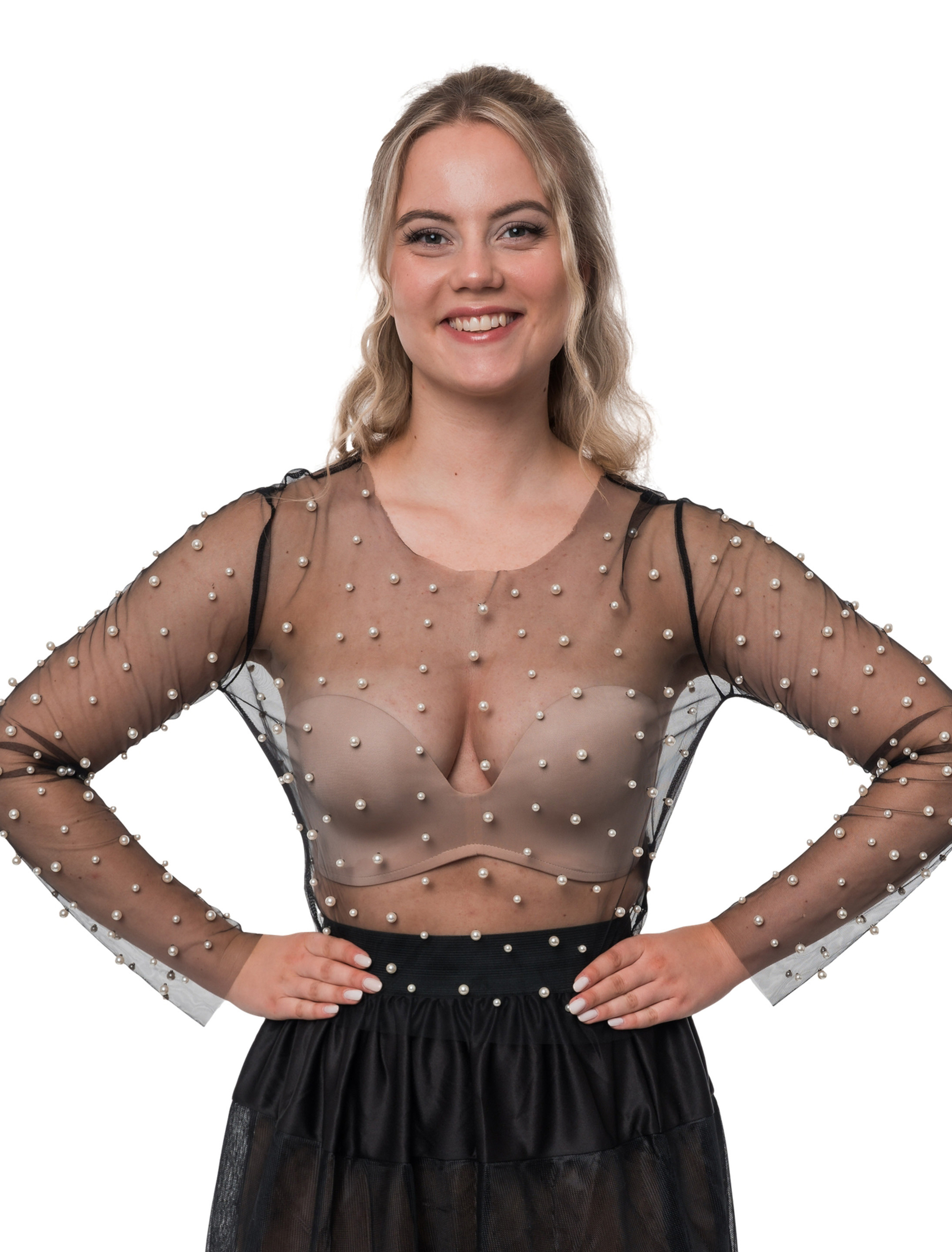 Oberteil Mesh mit Perlen schwarz L/XL