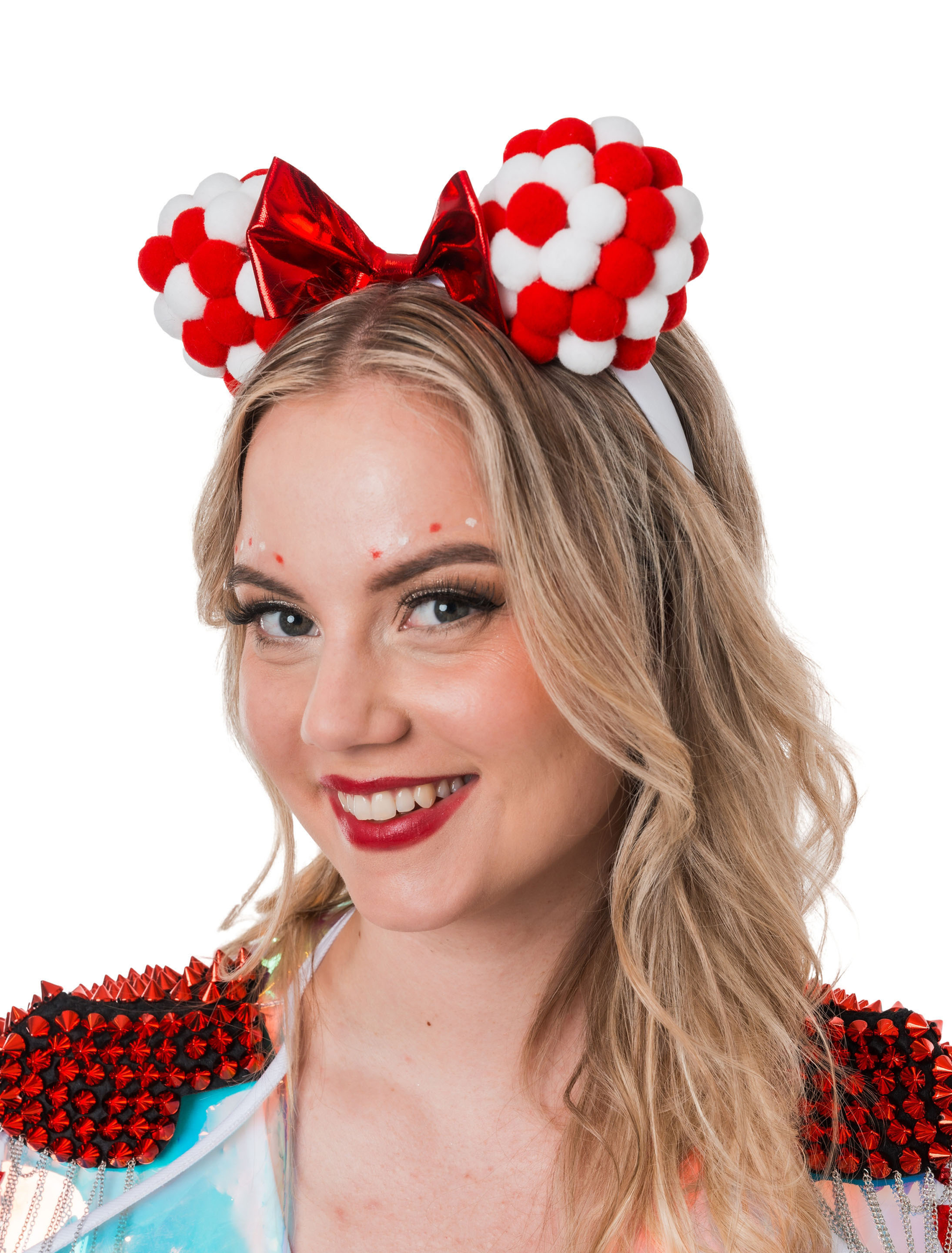 Haarreif Pompombälle mit Schleife rot/weiß