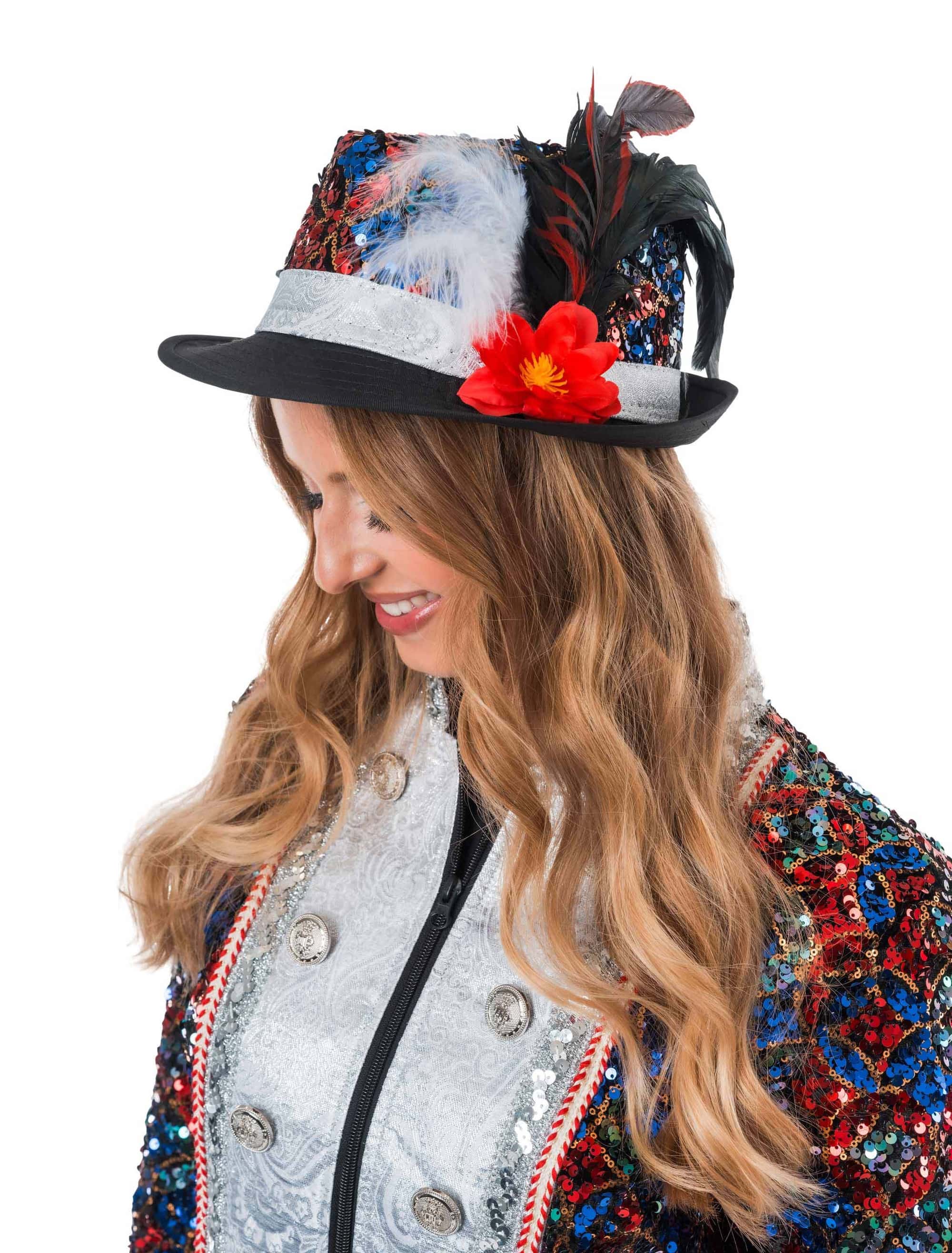 Hut Pailletten mit Federn und Blume schwarz/rot/blau 58