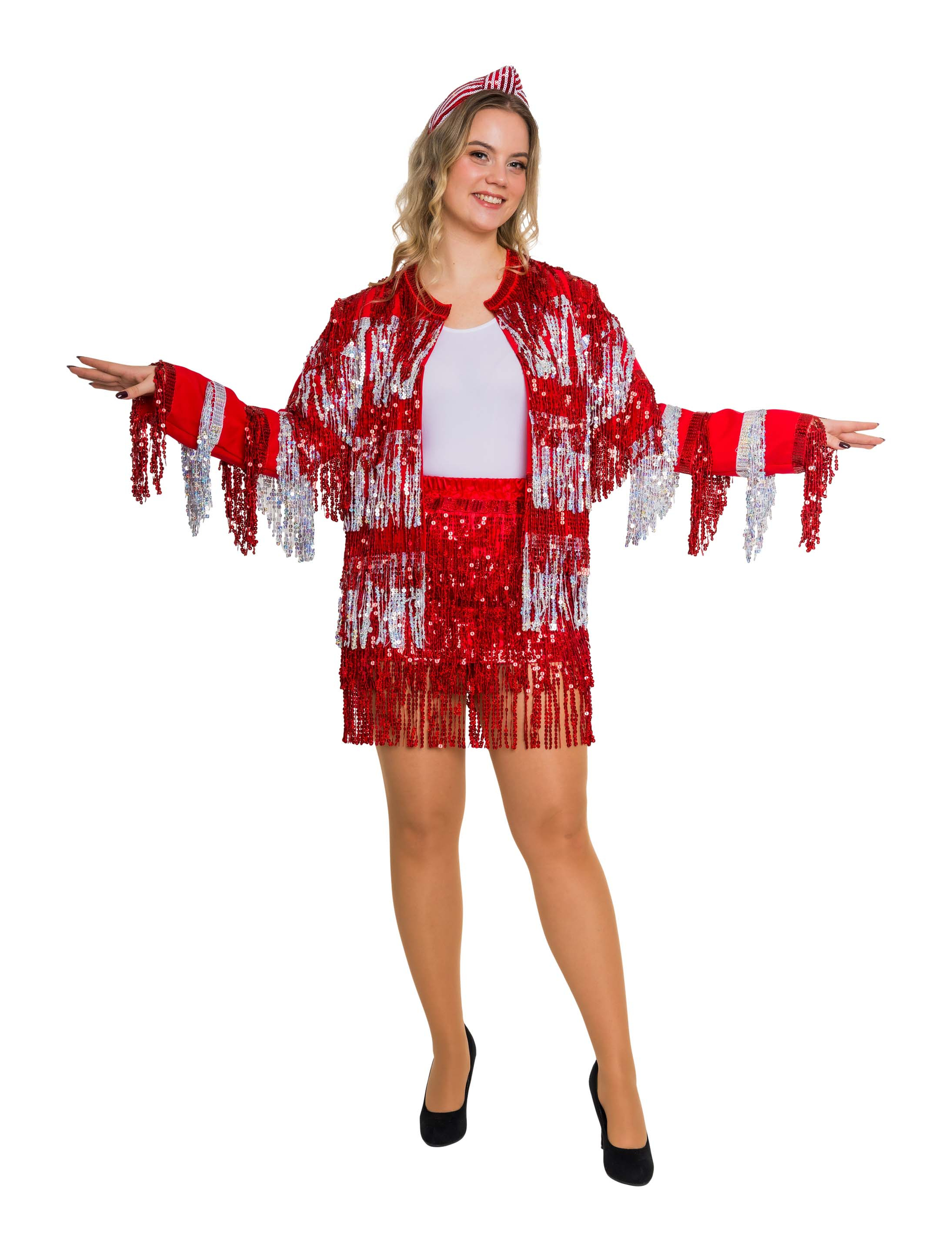 Jacke Paillettenfransen Damen rot/silber XXS/XS