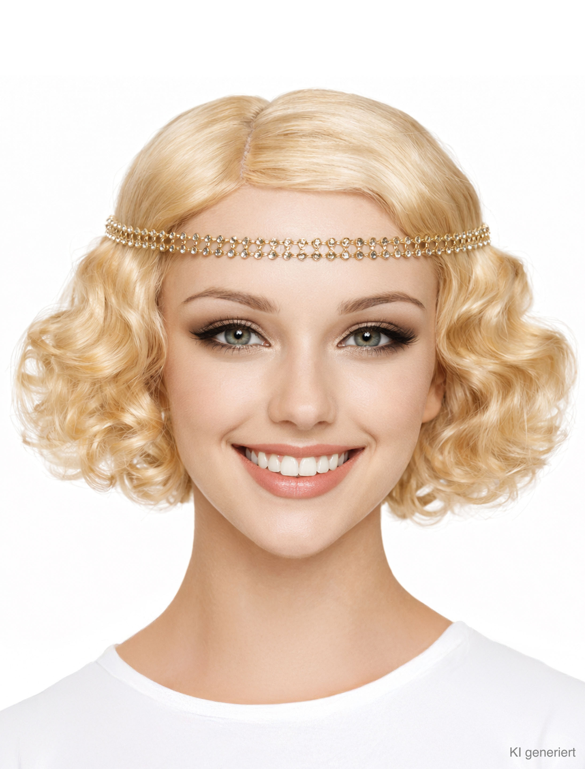 Perücke kurz lockig mit Stirnband Glitzer blond