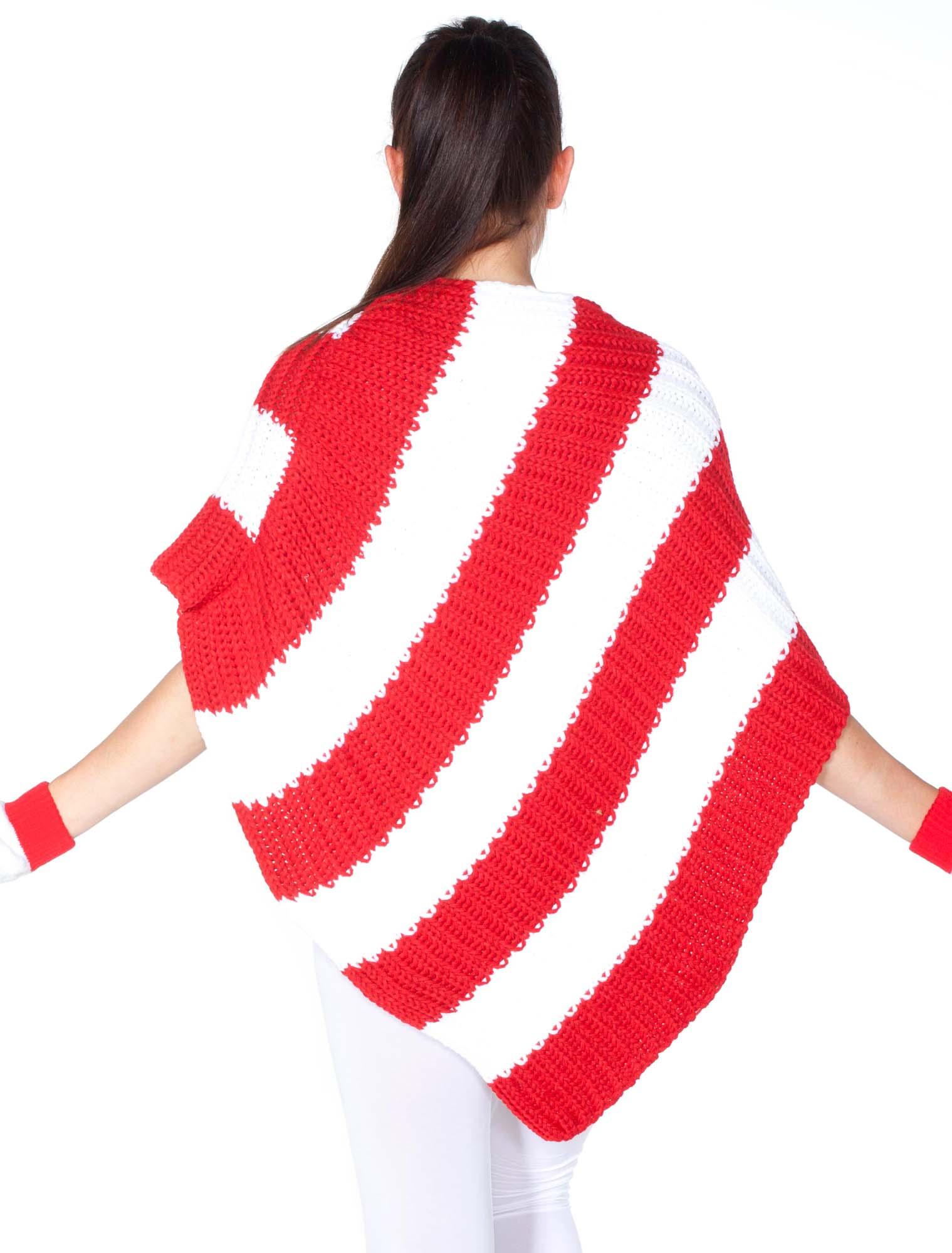 Poncho gestrickt rot/weiß one size