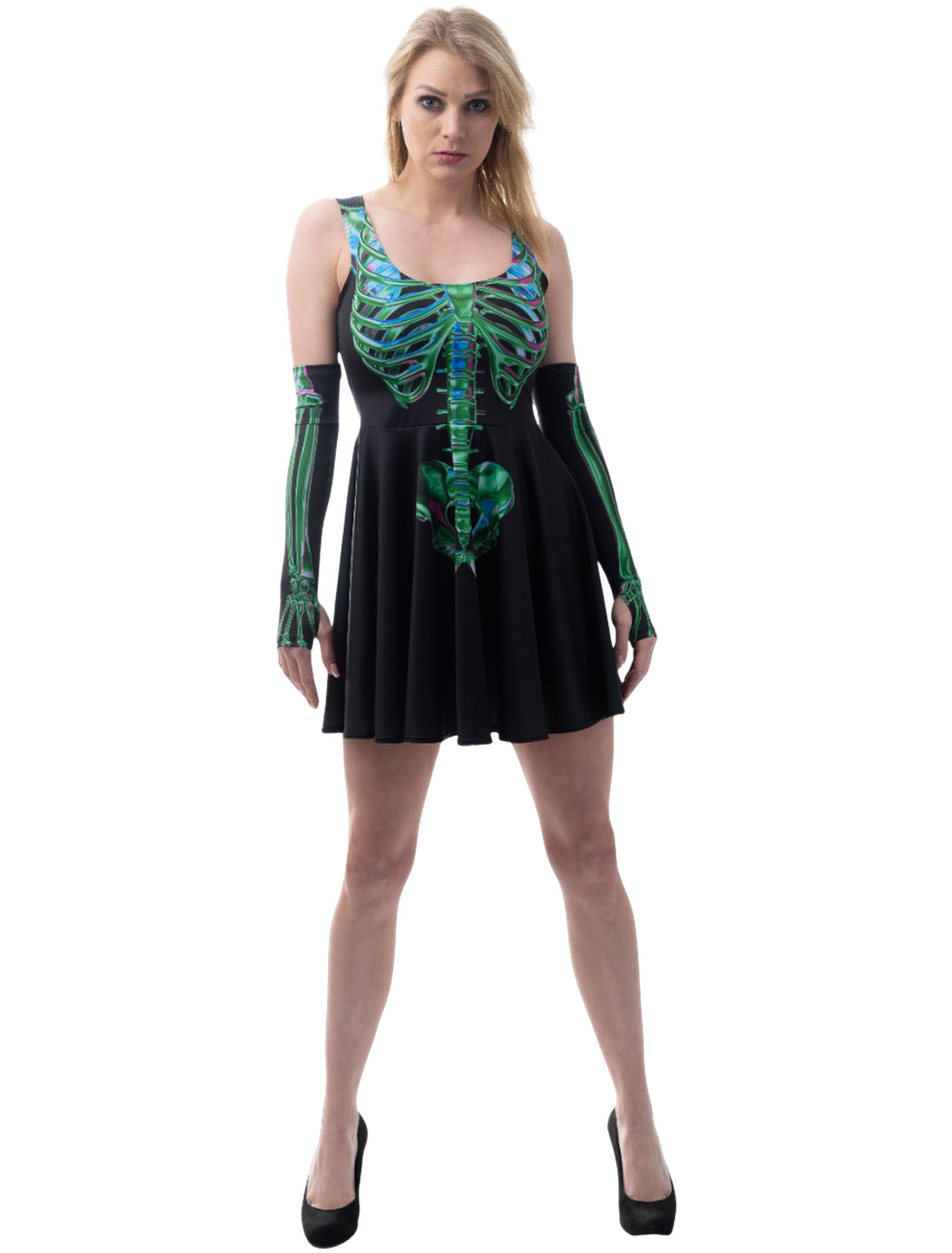 Trägerkleid Skelett mit Armstulpen Print Damen schwarz/grün S/M