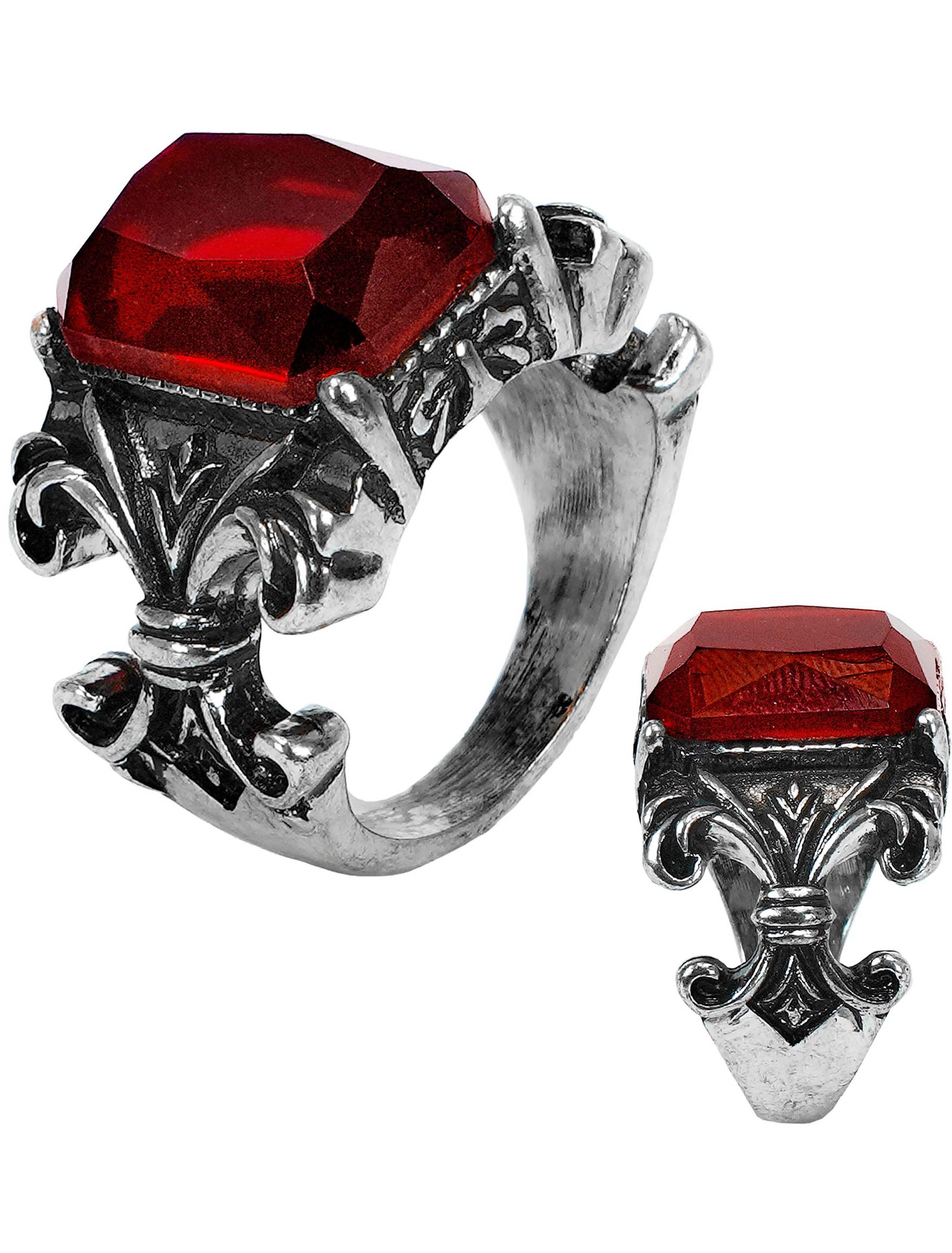 Ring Vampir mit Edelstein rot/silber