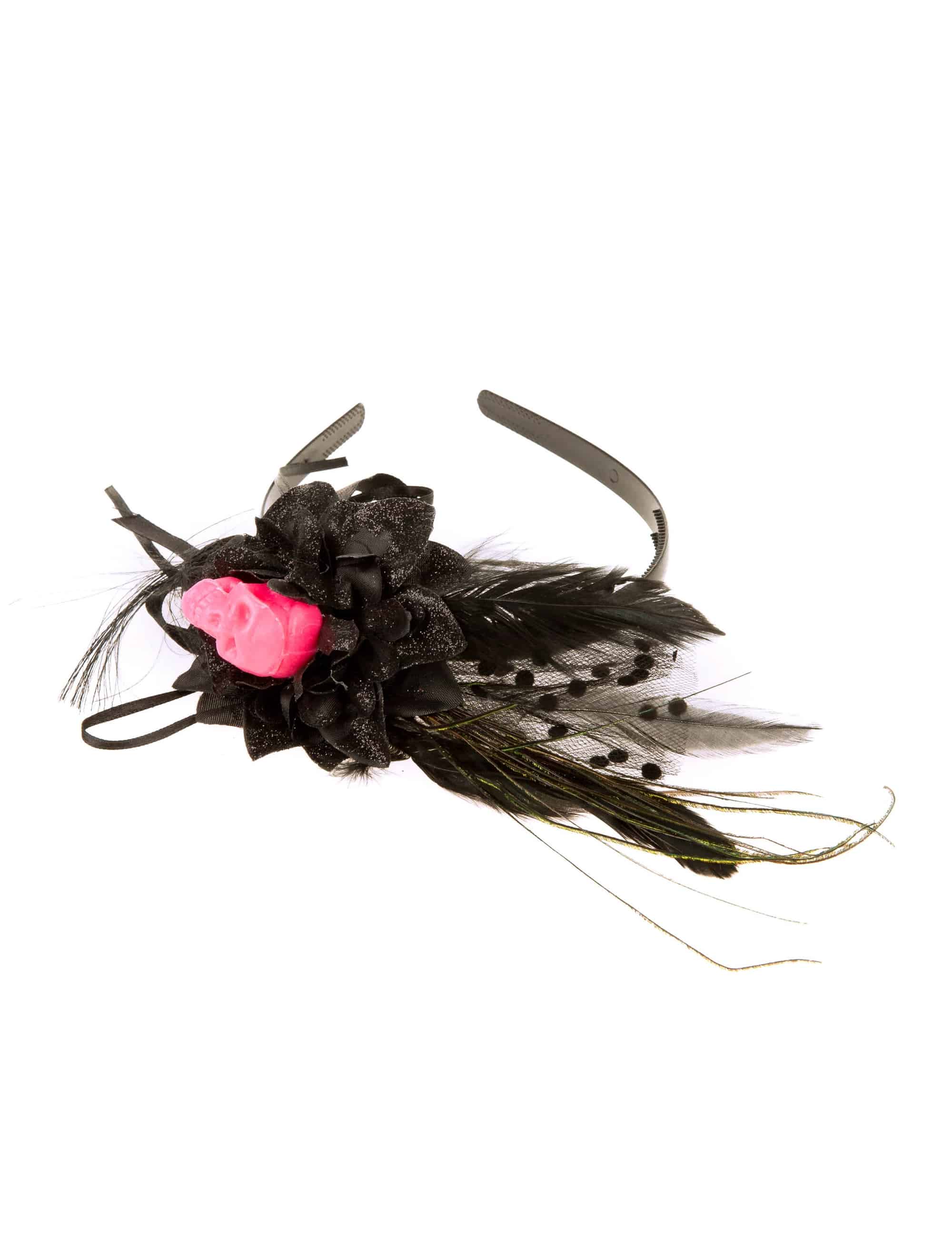 Haarreif Totenkopf mit Feder und Rose