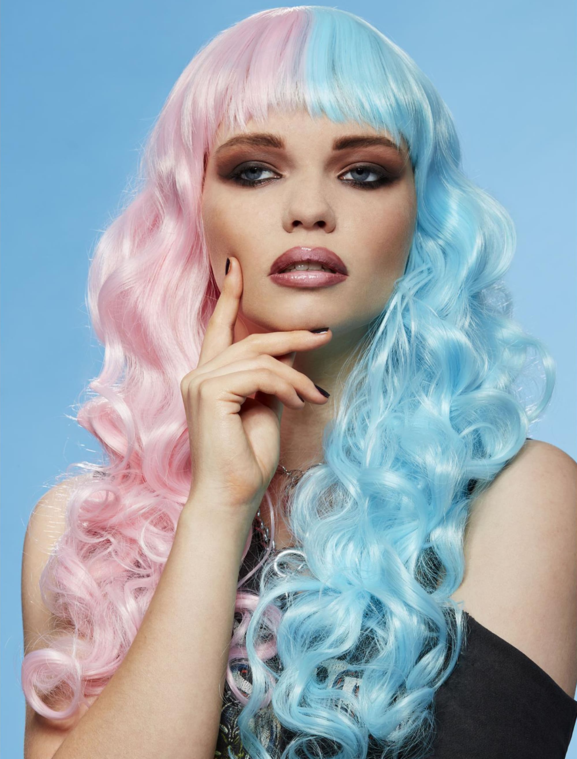 Perücke Langhaar wellig mit Pony türkis/pink