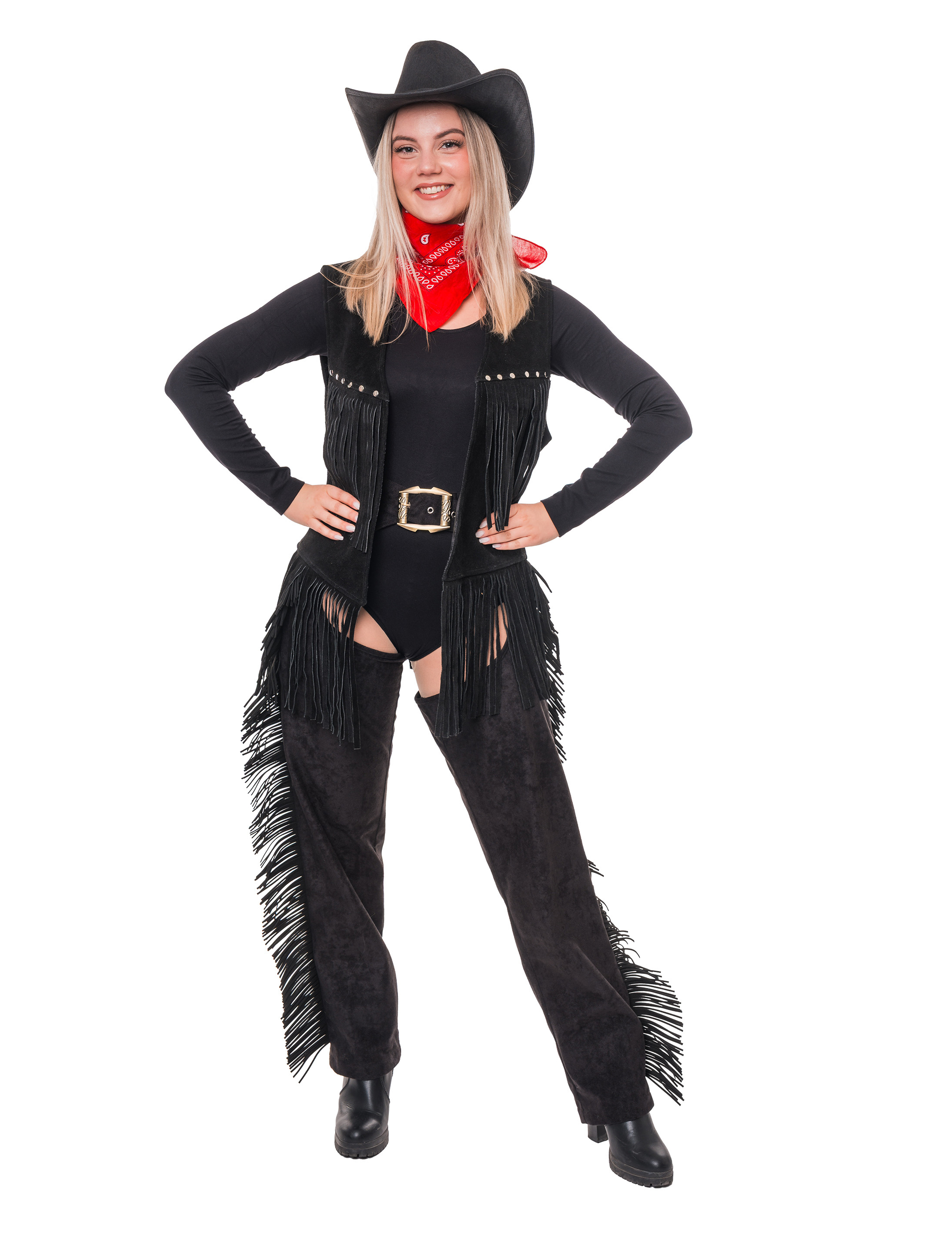 Lederweste mit Fransen Damen schwarz L/XL