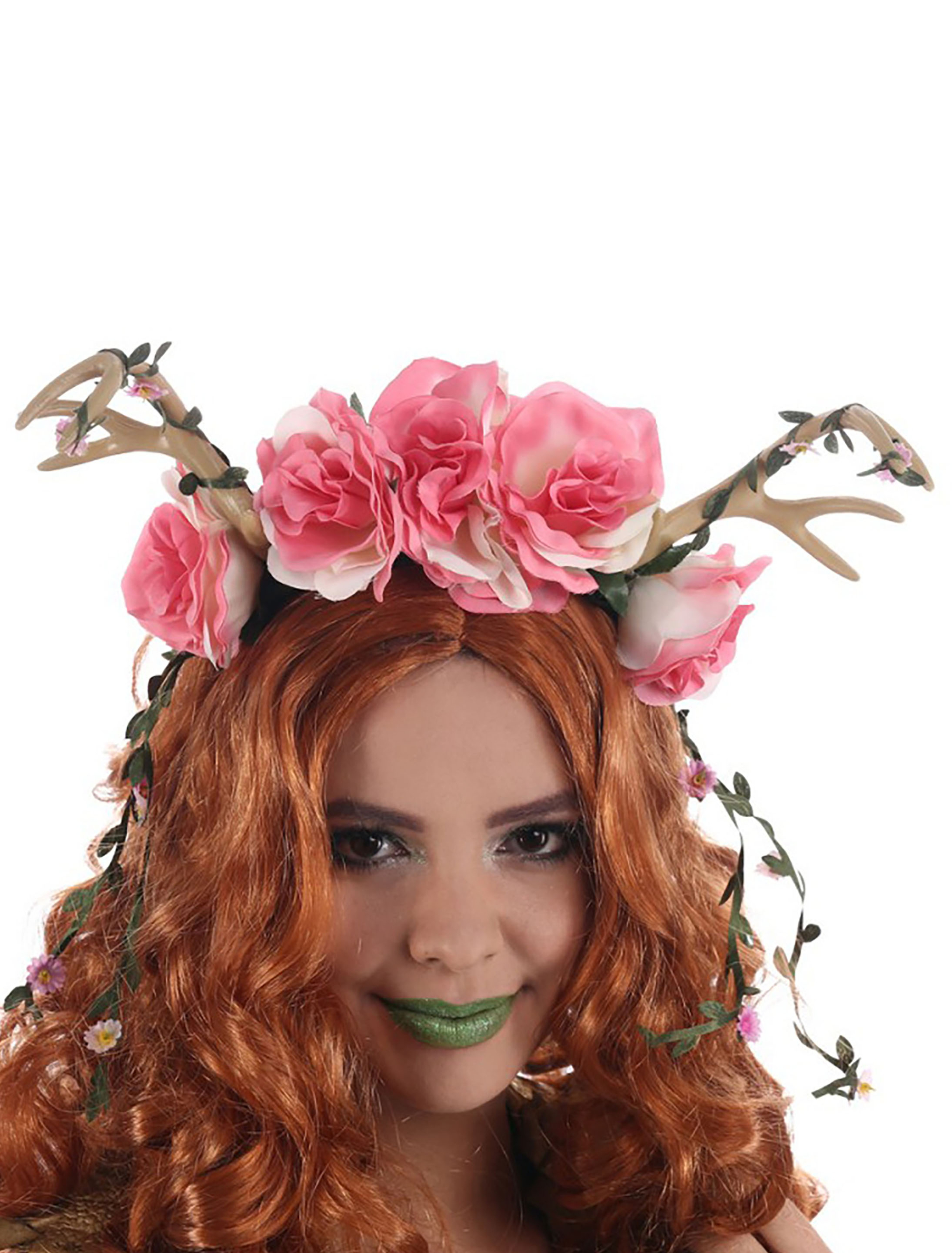 Haarreif Geweih mit Blumen grün/rosa